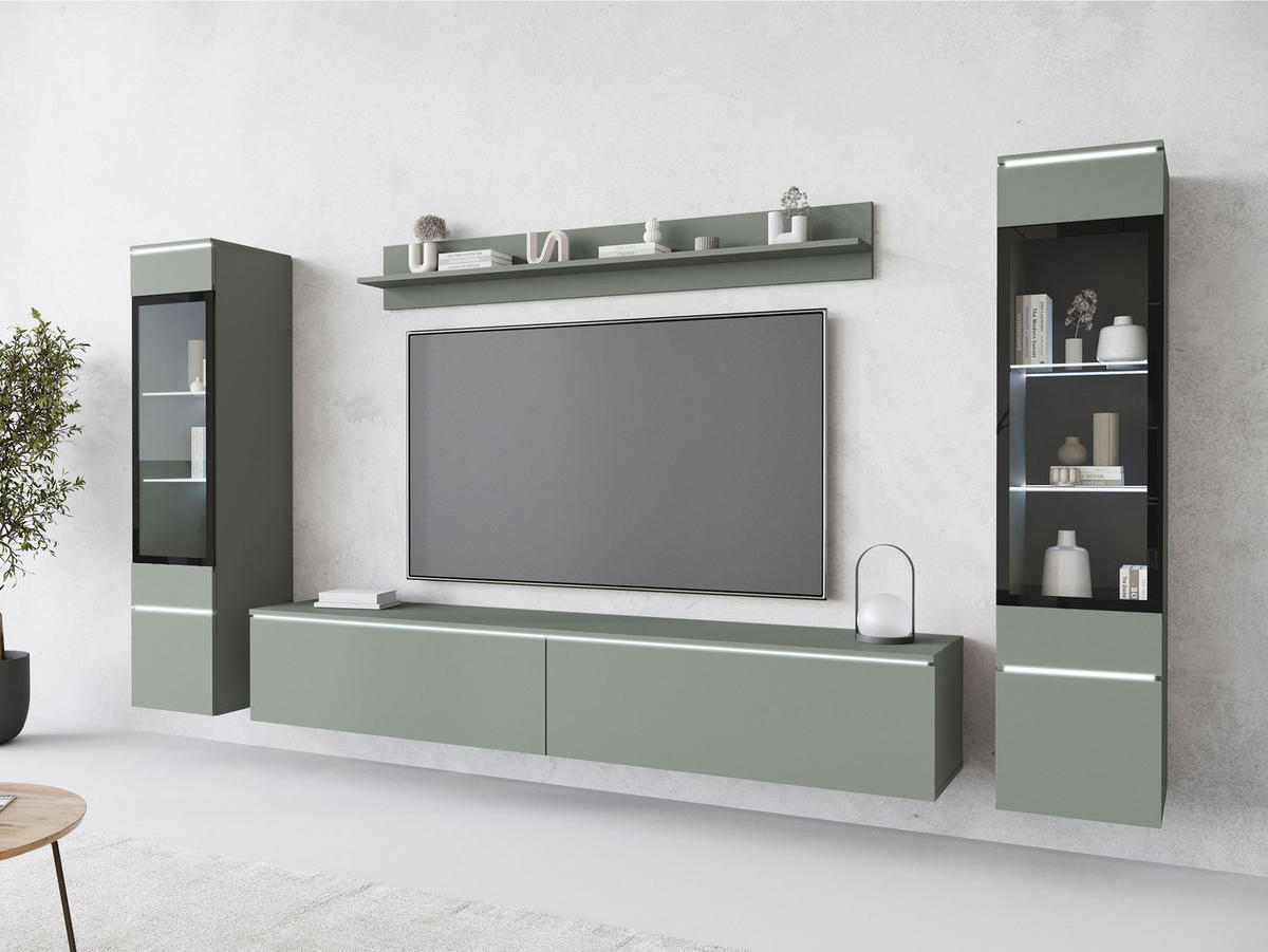 WOHNWAND Vera II mit weißer LED Beleuchtung - Grün, Holzwerkstoff (30/130/33cm) - MIRJAN24