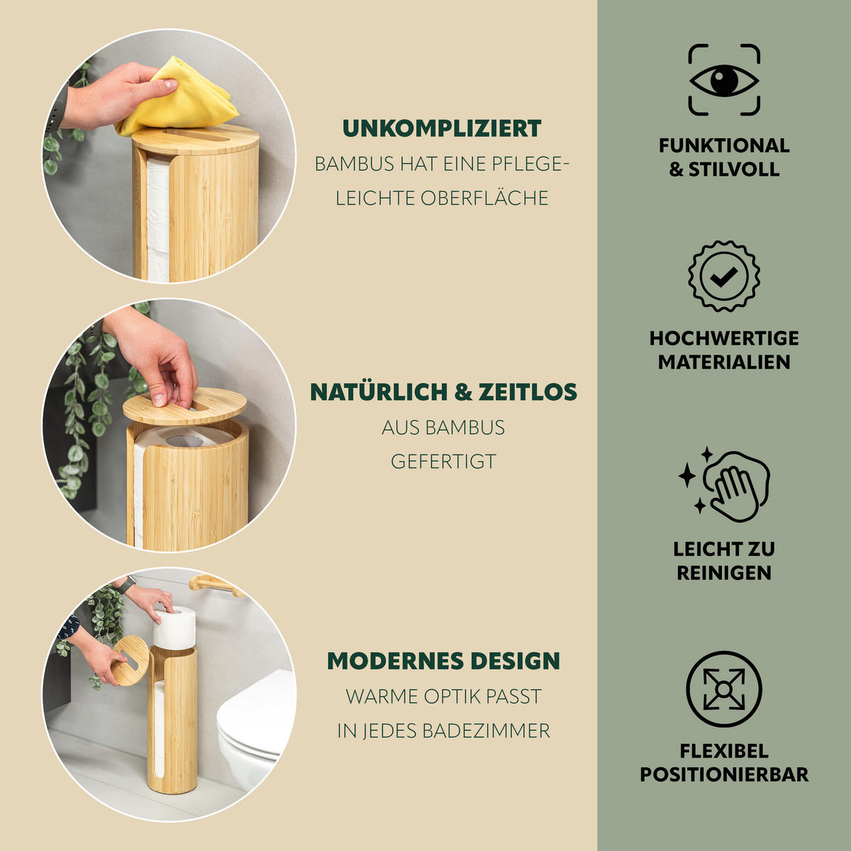 TOILETTENPAPIERAUFBEWAHRUNG, für 4 Rollen, Bambus - Braun, Holz (14.5/42/14.5cm) - eluno