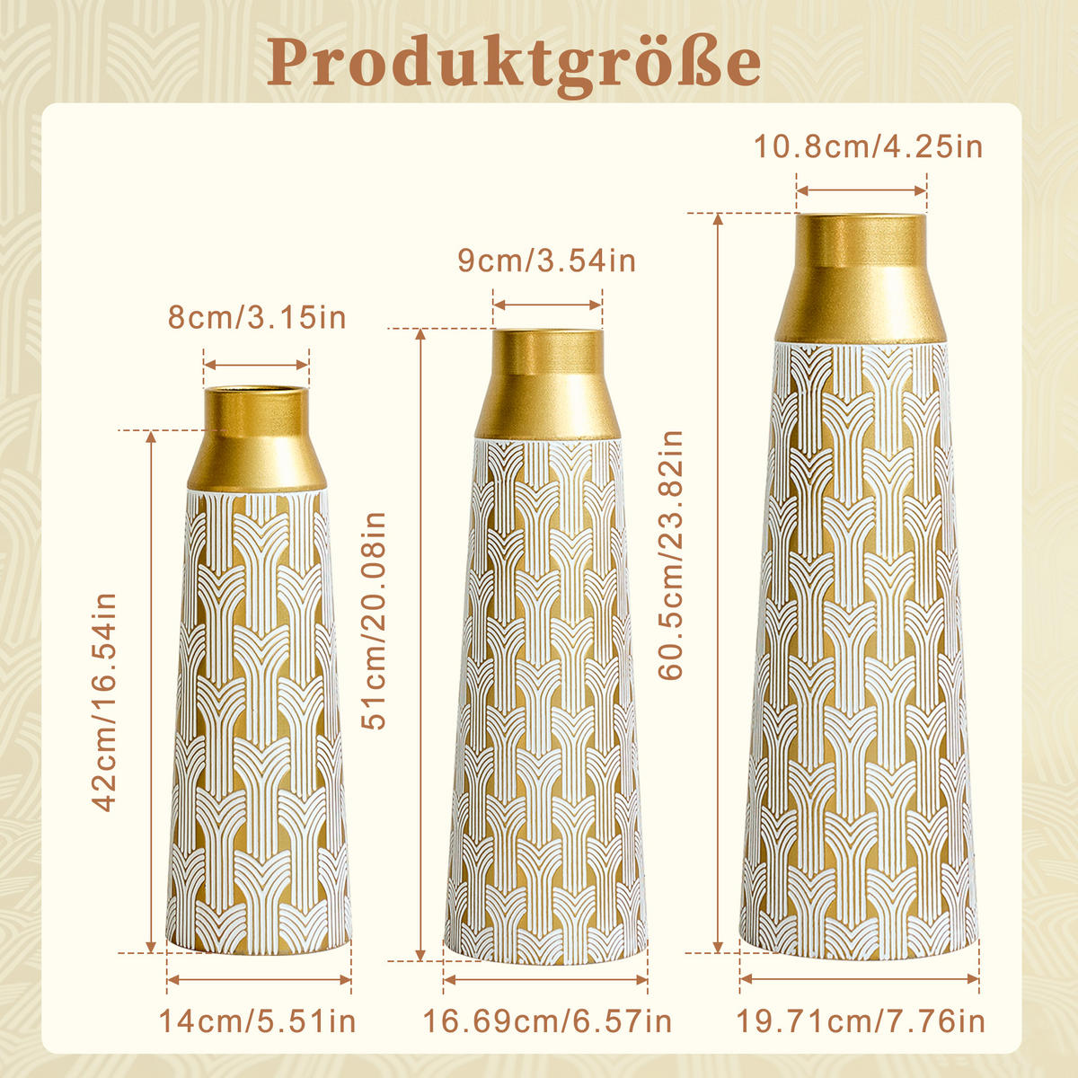 BODENVASE 3-tlg Bodenvase gold 42/51/60,5cm Metallvase geometrisch für Pampasgras - Goldfarben, Metall (66.49cm) - Raelunyi