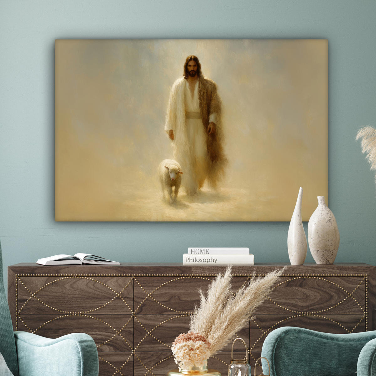 LEINWANDBILD Schaf - Jesus - Pinselstriche - Abstrakt Groß 140x90 cm - Sandfarben, Textil (140/90cm) - MuchoWow