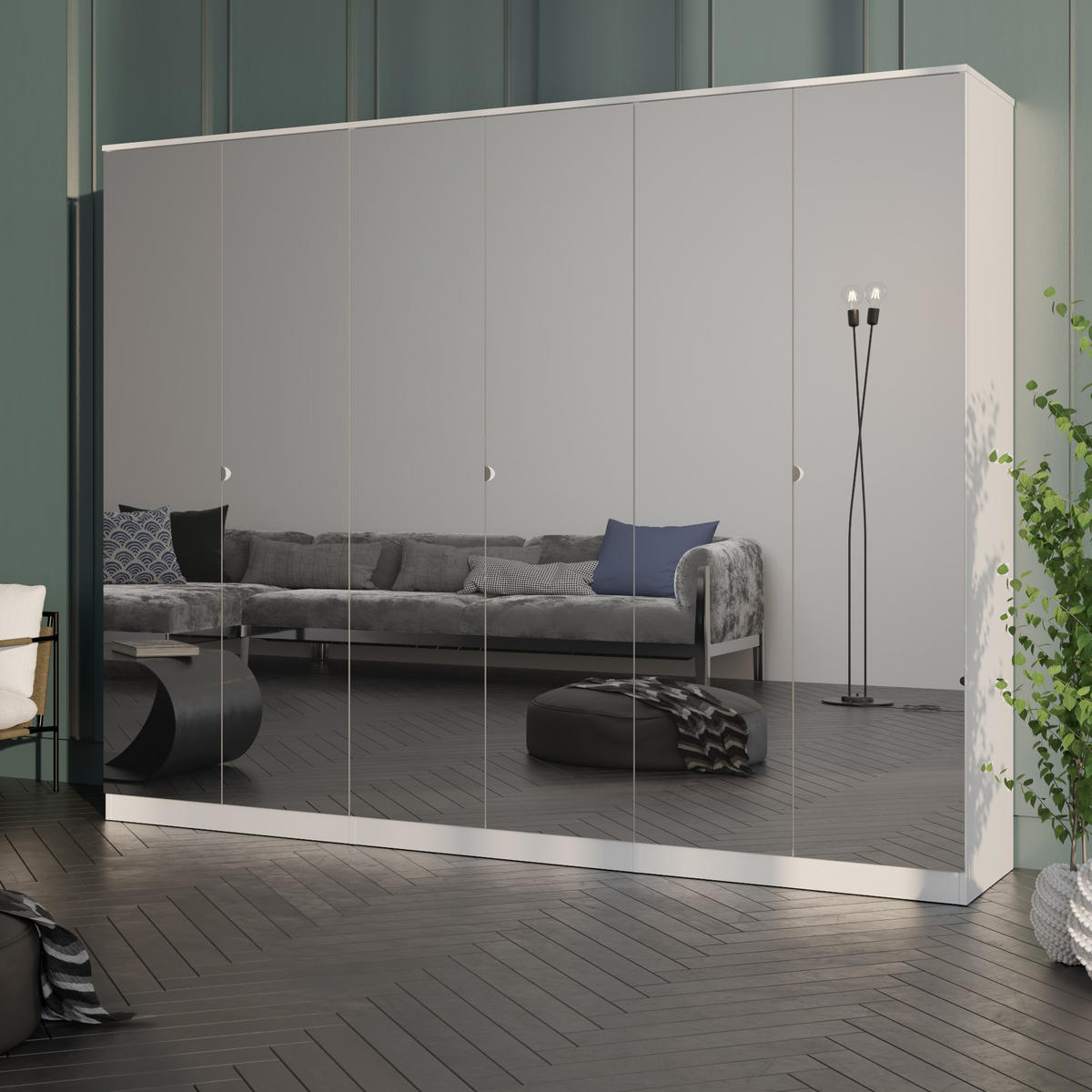 DREHTÜRENSCHRANK mit Spiegel Monza 6D 240 Weiß - Weiß/Grau, Holzwerkstoff/Metall (240/200/60cm) - mzm24