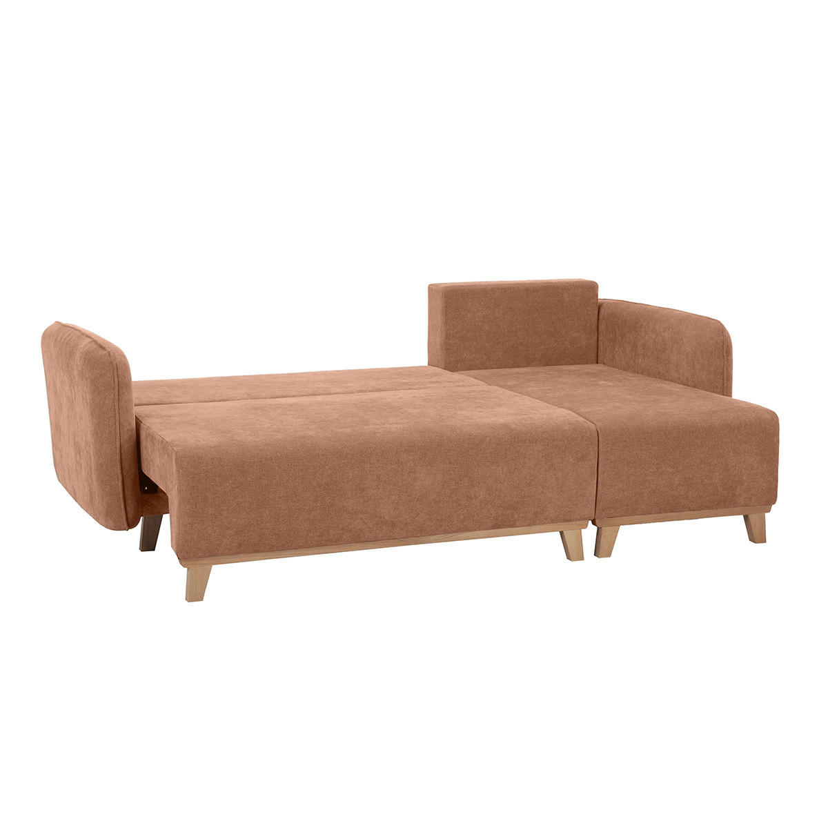 SCHLAF-ECKSOFA Terracottafarbener Stoff Velours-Effekt Helles Holz 3-4 Sitzer ROMANE - Terracotta, Textil (148/231cm) - Miliboo
