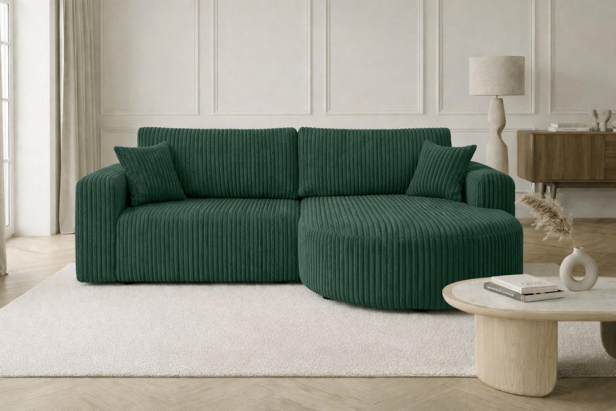 ECKSOFA Mit Schlaffunktion, Cordstoff Tilia, Grün, Rechts, ROUND ONE - Grün, Holz (244/175cm) - Kaiser Möbel