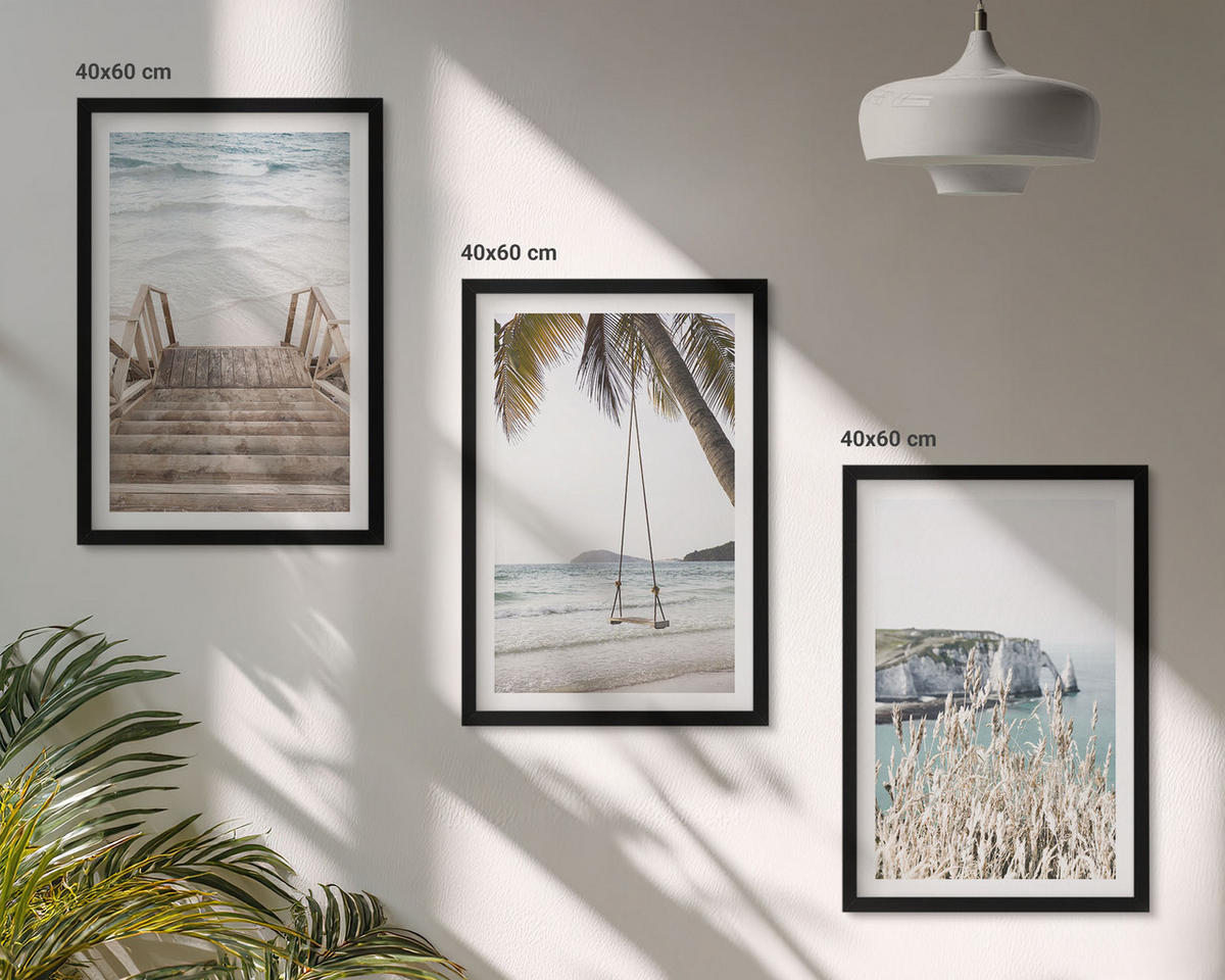 WANDBILDER 3er-Set - 40x60 cm Schwarzer Rahmen - Strandtreppe aus Holz, Schaukel - Schwarz, Kunststoff (40/60cm) - ArtPrintCave