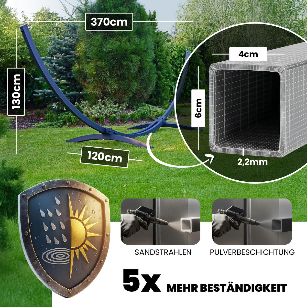 HÄNGEMATTE mit Gestell, 2 Personen, Stabhängematte, XXL, Tytan Rahmen bis 350 kg, Metall, Panama Rot, einfache Montage - Rot, Metall (370/130/120cm) - Potenza