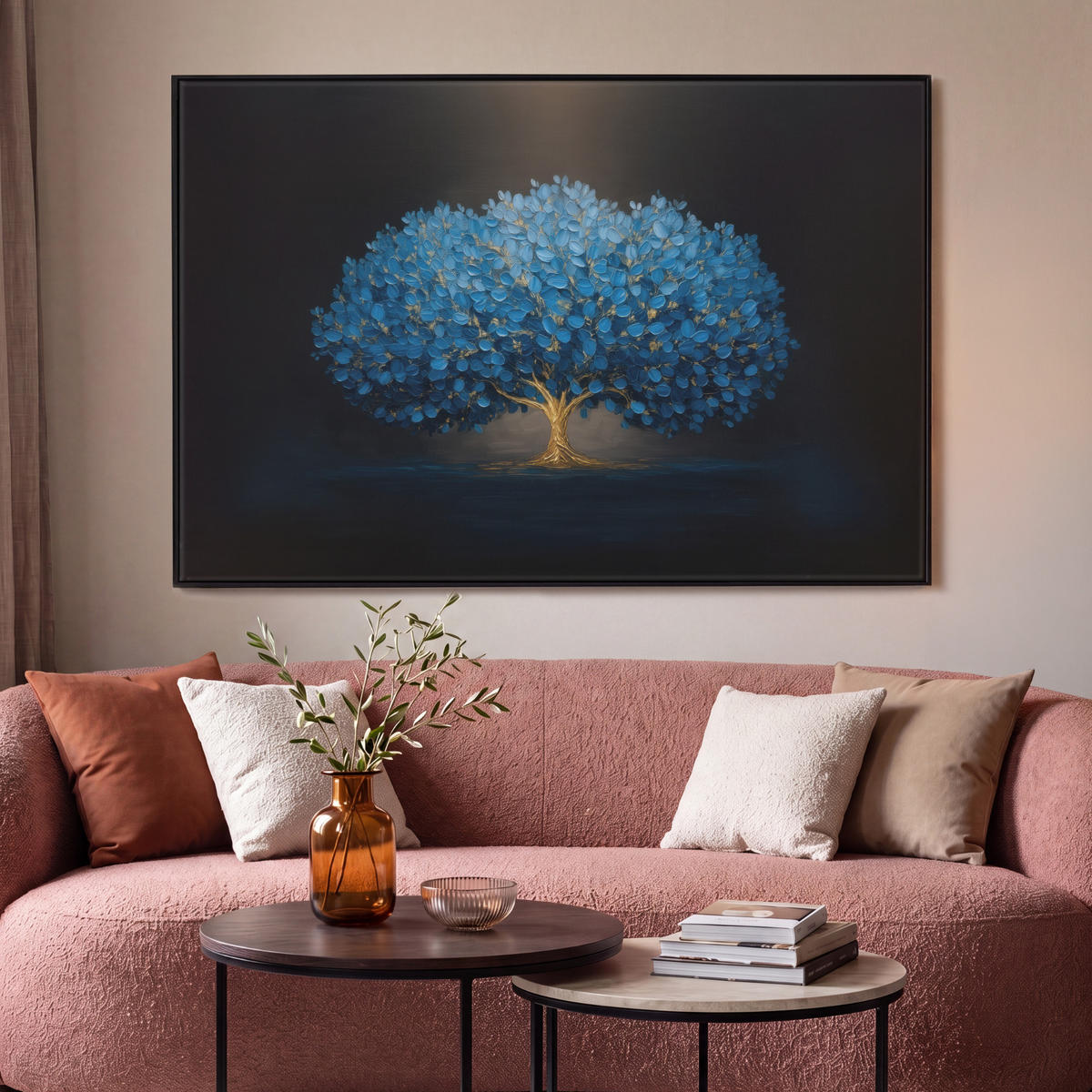 LEINWAND Bilder mit Rahmen - Baum - Blau - Blätter - Pinselstriche - 140x90 - Blau, Textil (140/90cm) - MuchoWow