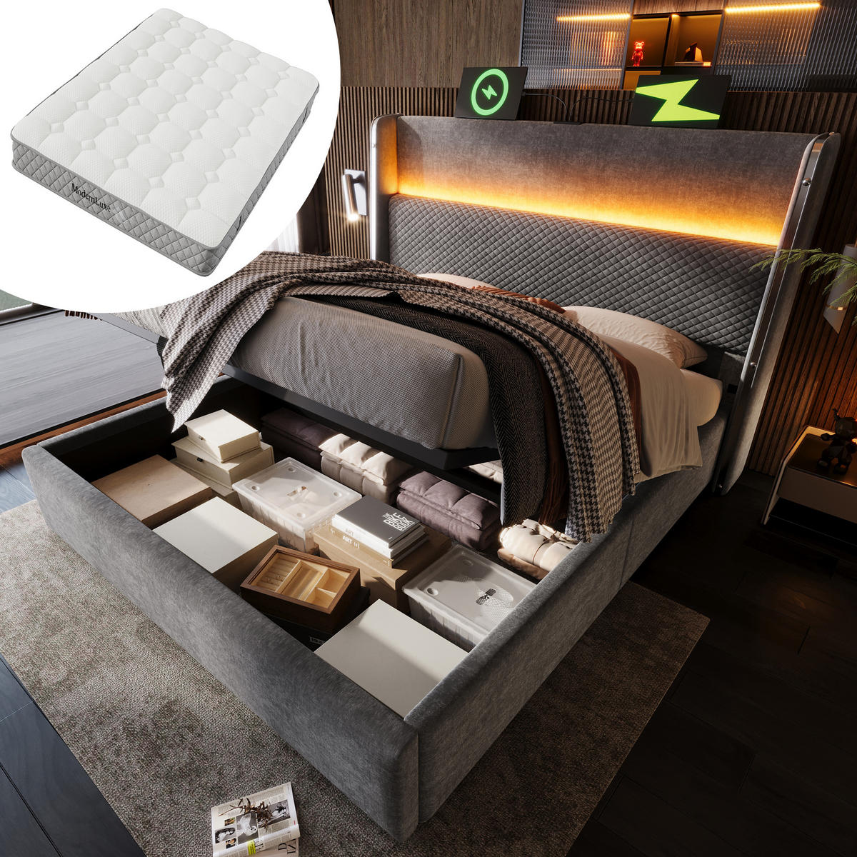 POLSTERBETT aus Leinen 140x200 cm in Grau mit Matratze & USB/Type-C-Ladestation - Grau, Textil (140/200cm) - Modfu