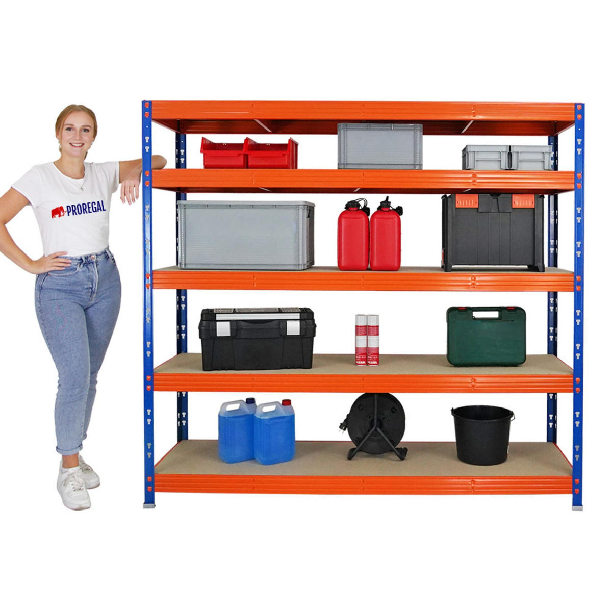 SCHWERLASTREGAL Rhino 2er-Set mit 2x 180x200x60 cm 5 Spanplatten-Ebenen 8mm Fachlast 500 kg Blau/Orange - Orange, Metall (400/180/60cm) - PROREGAL