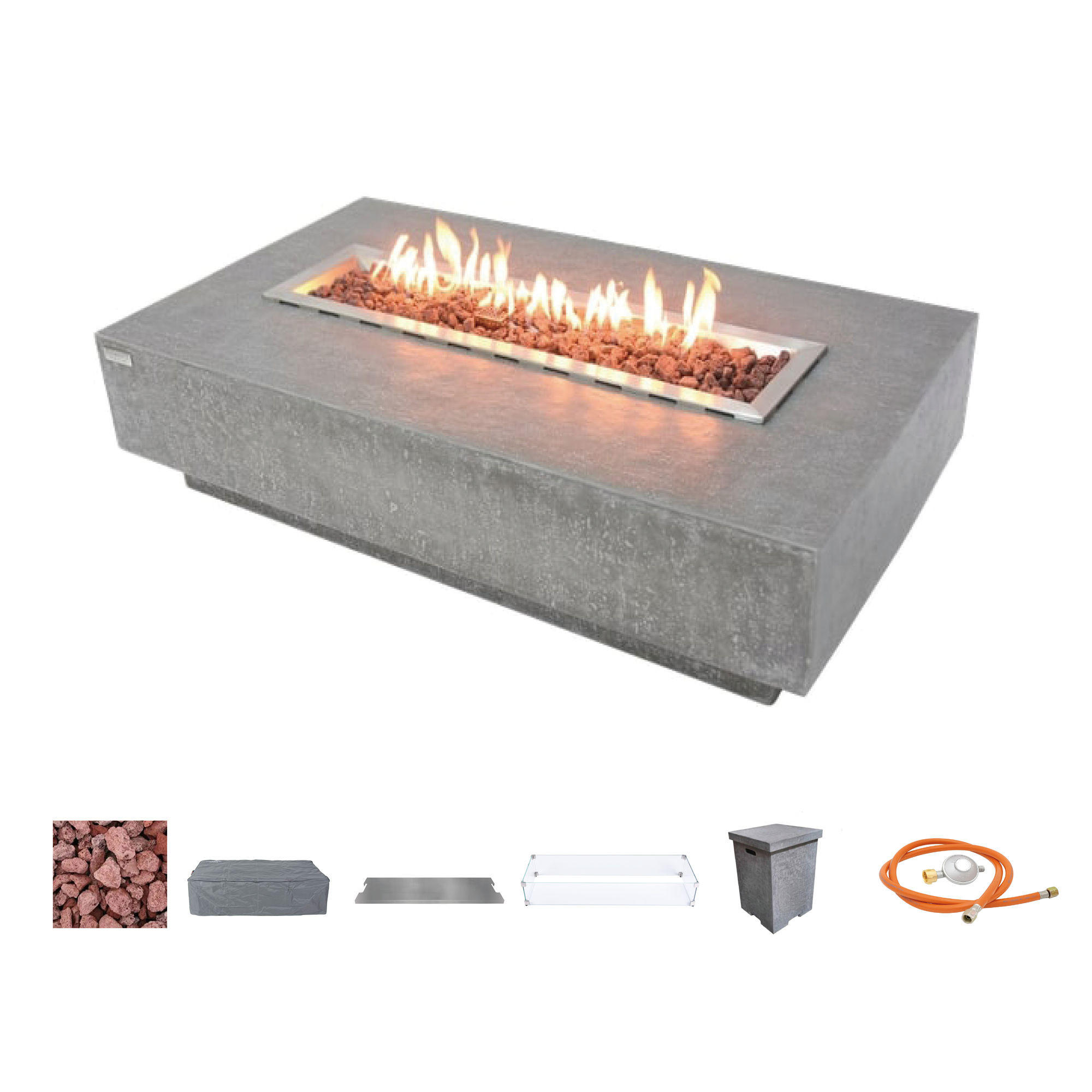 FEUERTISCH HAMPTON Gasfeuerstelle aus GF-Beton - 4-tlg. Set inkl. Glasumrandung, Brennerabdeckung und Gasflaschen-Abdeckung - Hellgrau, Naturmaterialien (81/35/142cm) - Elementi