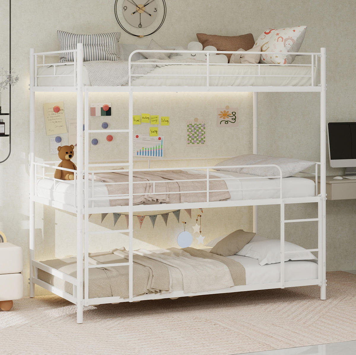 DREIFACH-ETAGENBETT 90/180 cm weiß aus Eisen mit Leiter und Rundum-Schutzgeländer - Weiß, Metall (90/190cm) - OKWISH