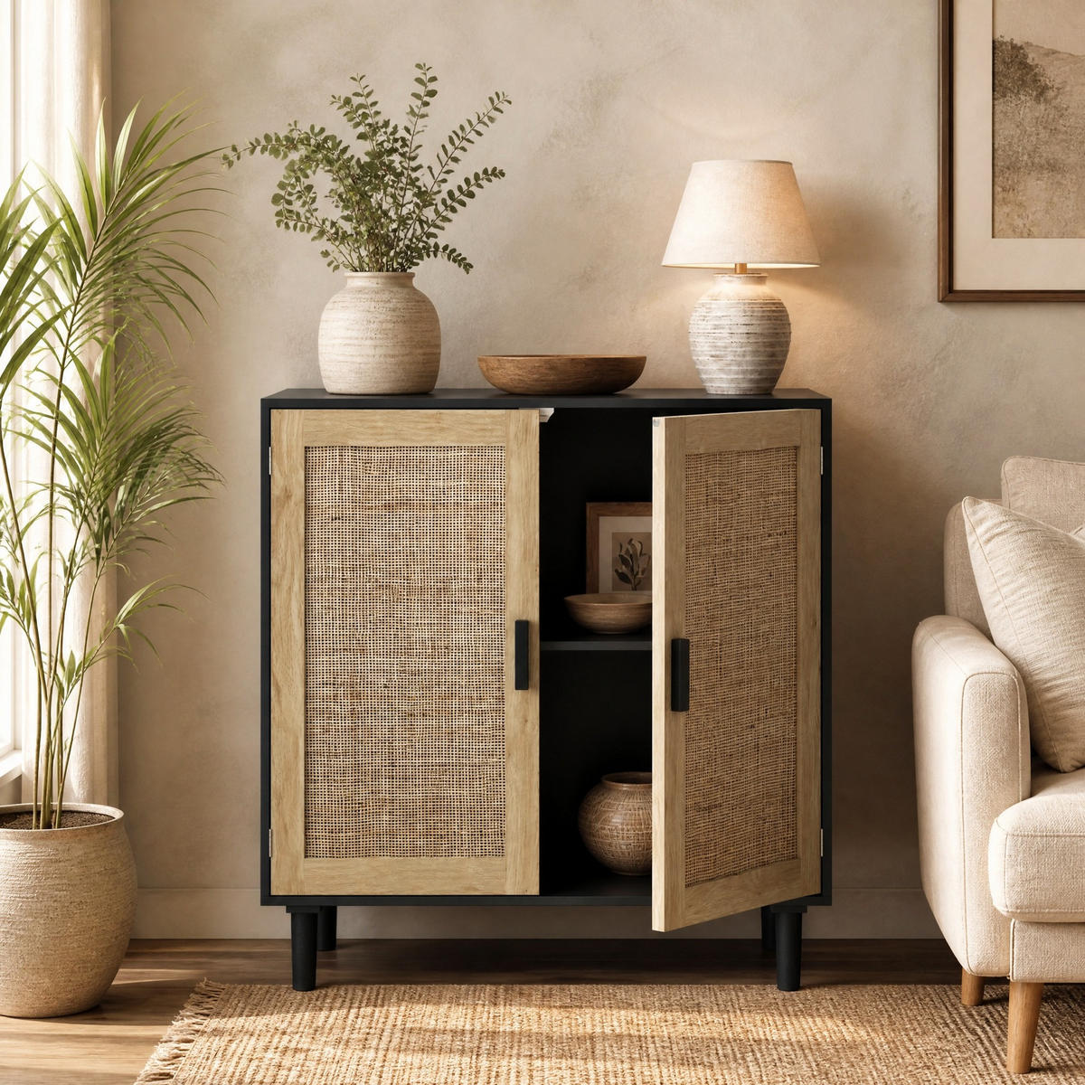 SIDEBOARD Schwarz, 80/40/88 cm, mit Rattan-Fronten und 2 Türen - Schwarz/Naturfarben, Holzwerkstoff (80/88/40cm) - CHICFURN