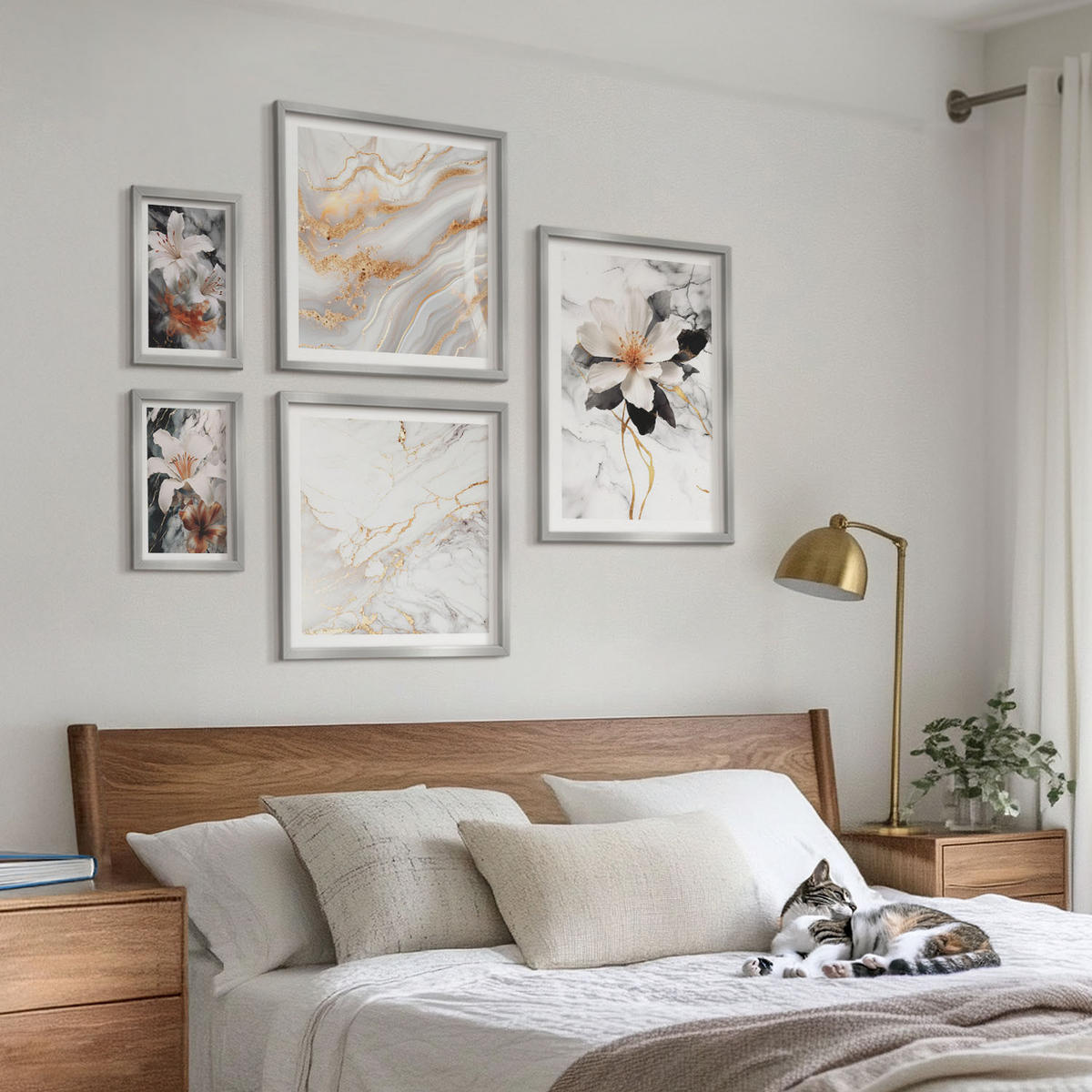 BILDER SET 5er Set - 50x50 cm & 20x30 cm & 40x60 cm Silberner Rahmen - Bilder mit blau-goldenen Mustern - Silberfarben, Kunststoff (40/60cm) - TULUP