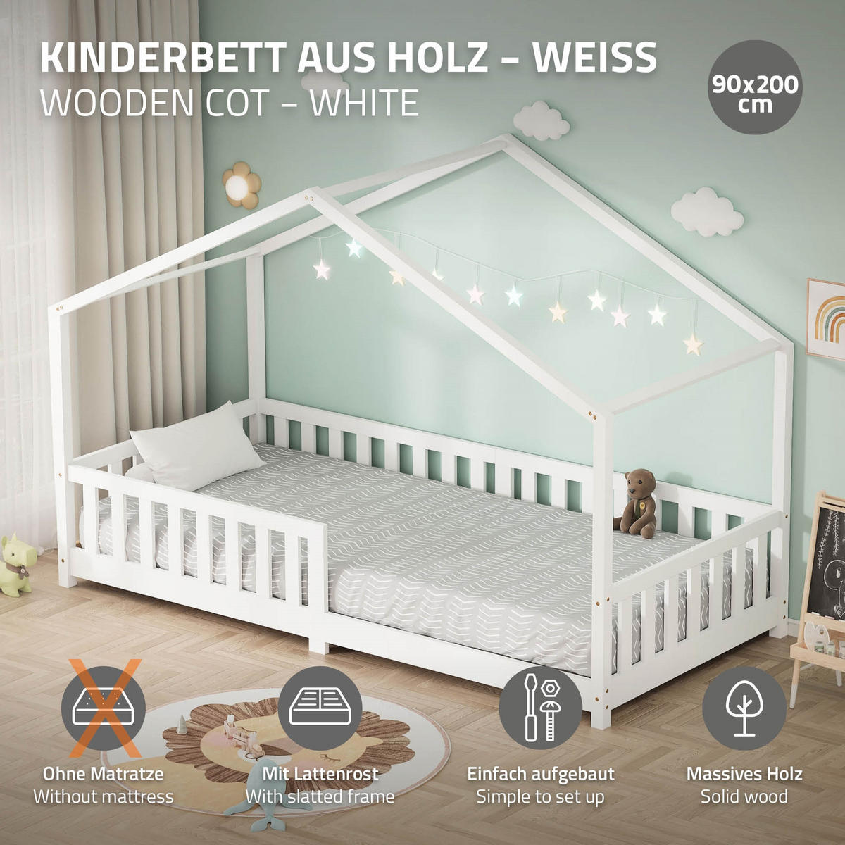 HAUSBETT 90x200 cm Weiß aus Kiefernholz mit Rausfallschutz - Weiß, Holz (90/200cm) - ML-DESIGN