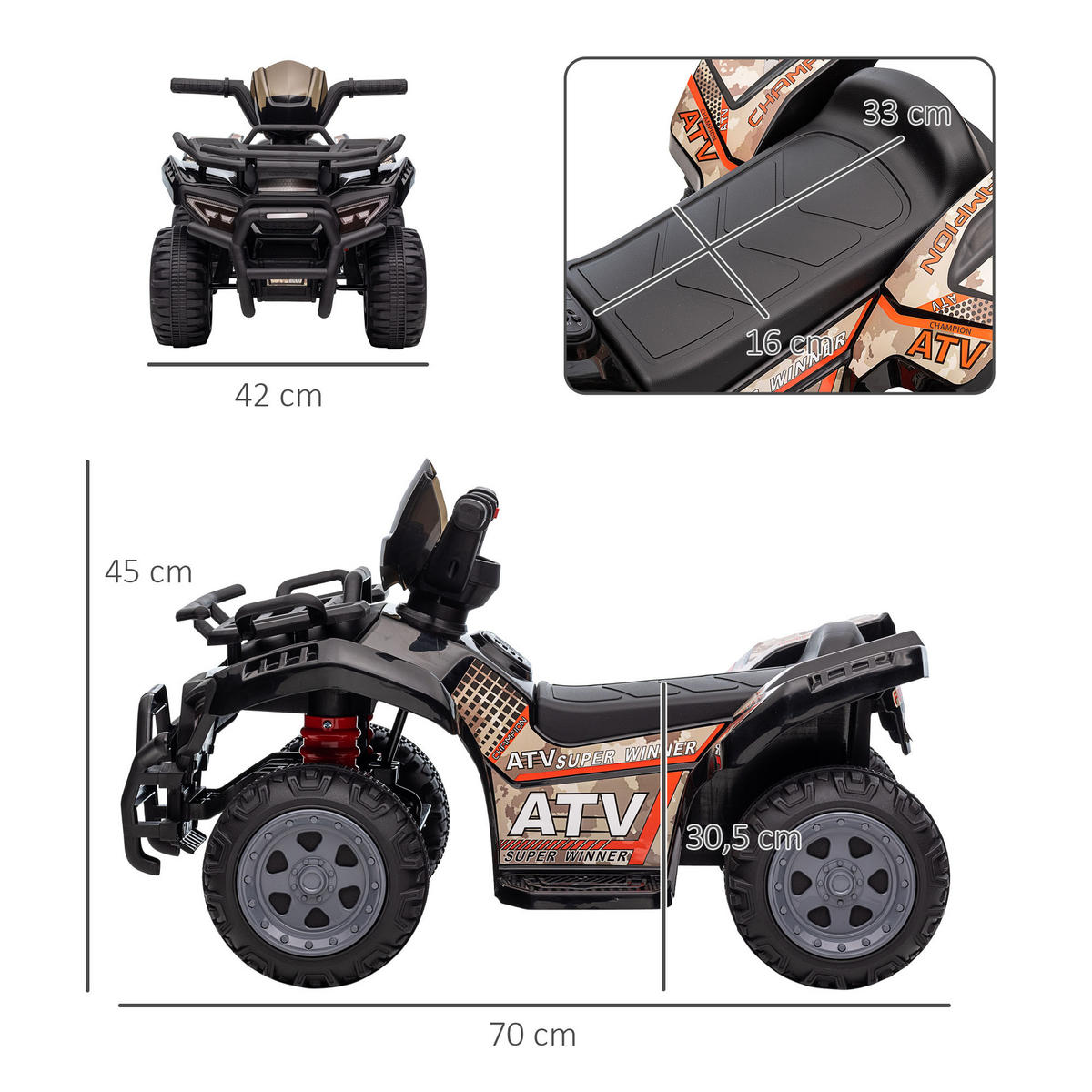 MINI ELEKTRO-QUAD KINDER, Schwarz/Grün/Rosa/Rot, Metall+ PP-Kunststoff - Schwarz, Metall (70/42/45cm) - HOMCOM