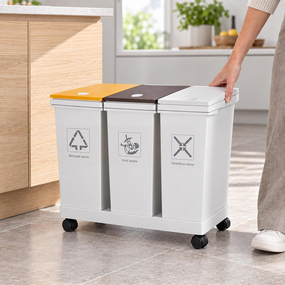 ODPADKOVÝ KOŠ Bílý plast s kolečky 3 přihrádky 3x 12 l - bílá, plast (51/43/28cm) - Relaxdays