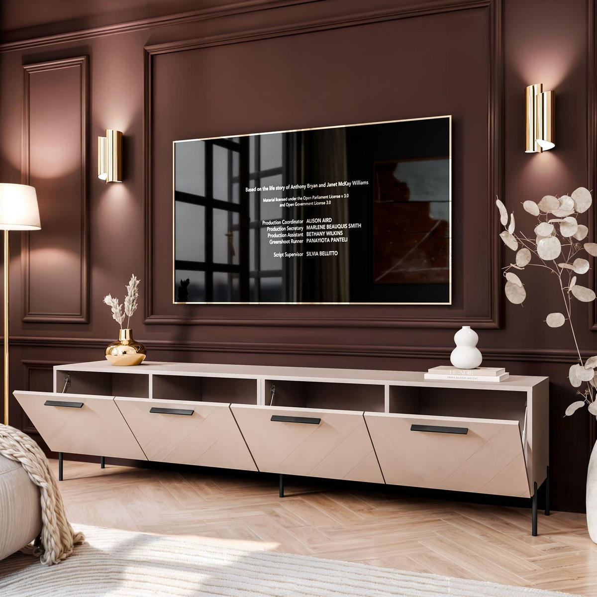 TV-ELEMENT AURA 200 KASCHMIR Hochglanz auf geraden schwarzen Beinen + LED - Kaschmir/Schwarz, Holzwerkstoff (200/50/40cm) - Lookway