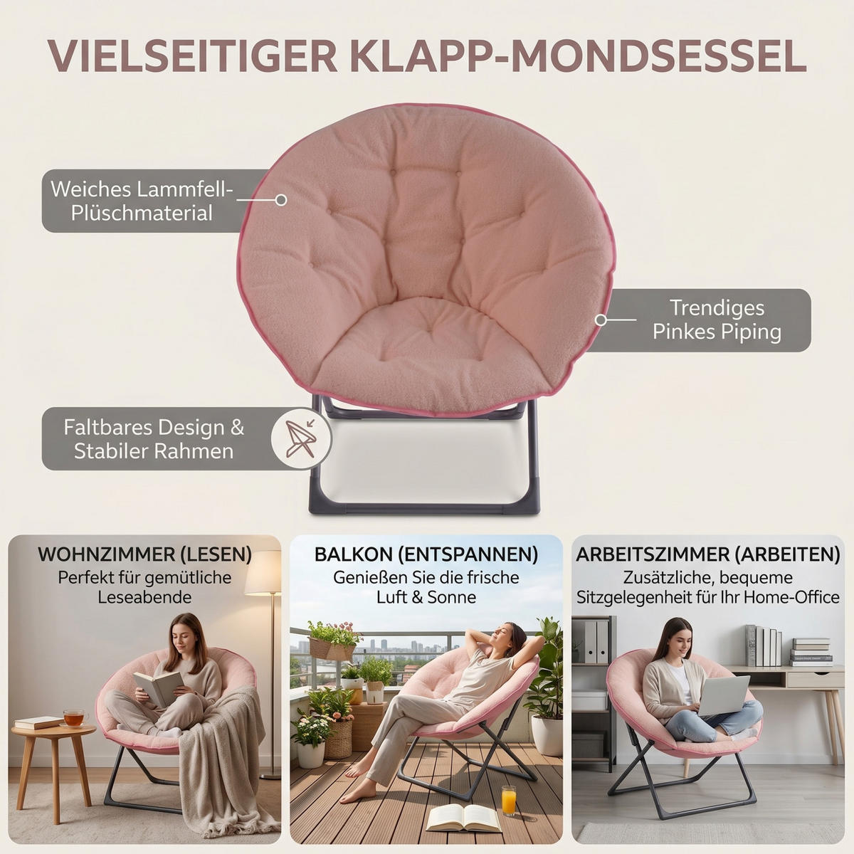 SESSEL 80/80/37 cm aus Fabric+Metal Rose mit Klappfunktion - Rosa, Textil (53/85/58cm) - OKMYHOME