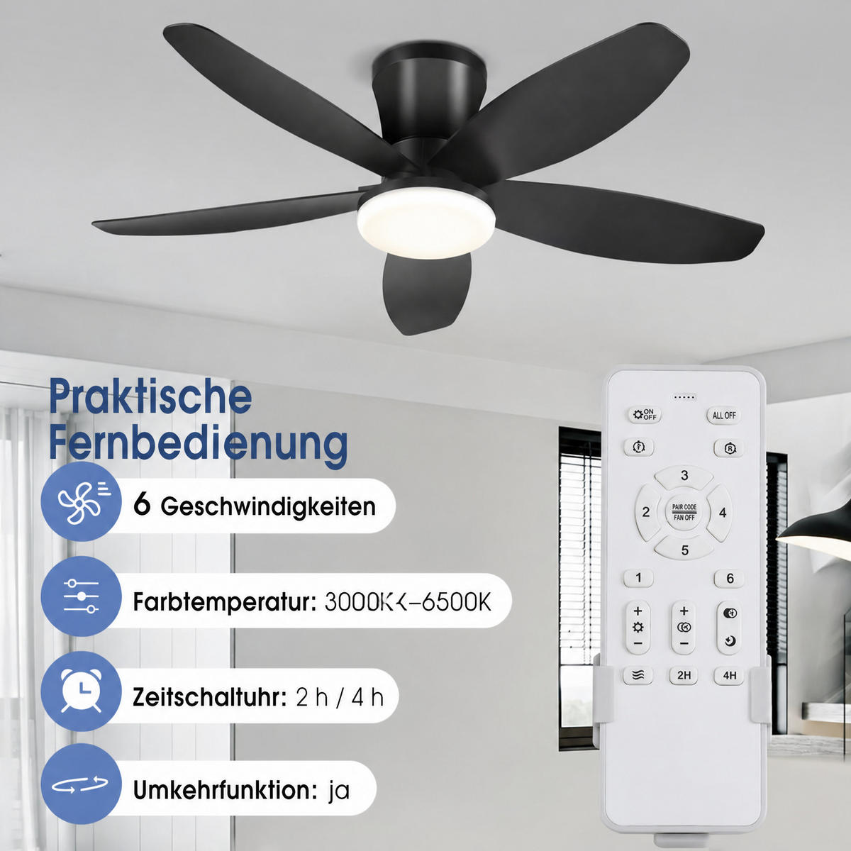 DECKENVENTILATOR Schwarz 91,4 cm mit LED und leisem DC-Motor - Schwarz, Kunststoff (91.4/91.4/21.8cm) - Surtime