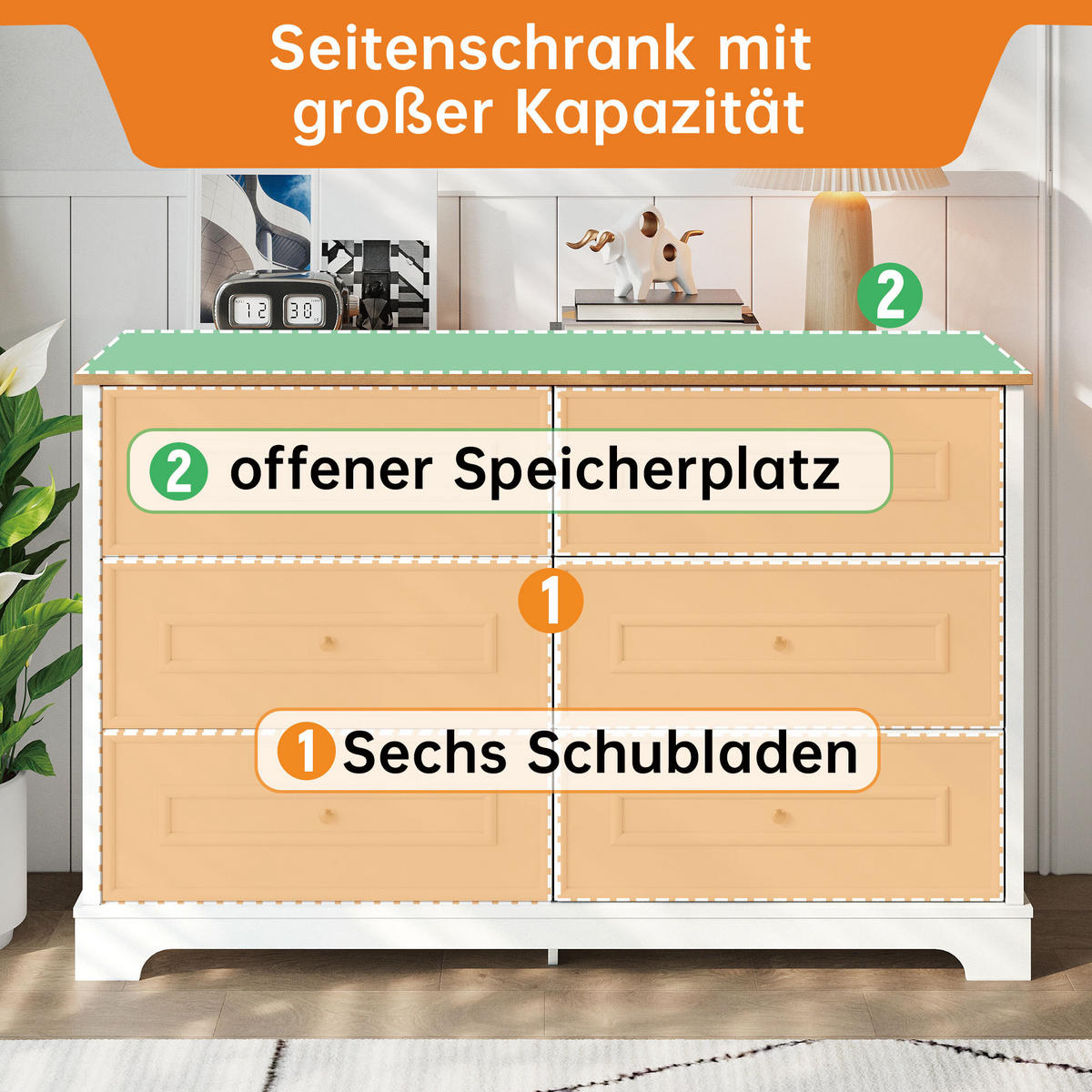 SIDEBOARD in Weiß Kommode mit 6 Schubladen und viel Stauraum, für Wohnzimmer, Esszimmer oder Flur, B120/T40/H76cm - Weiß, Holzwerkstoff (120/76/40cm) - STILVORA