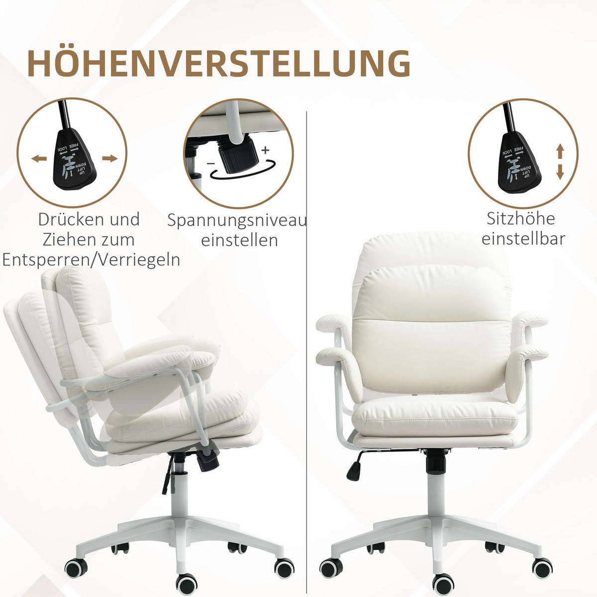 STUHL, höhenverstellbar und kippbar, gepolstert, Bonded Leather, 65/64/88-98 cm, weiß - Weiß, Kunststoff (64/98/65cm) - Redom