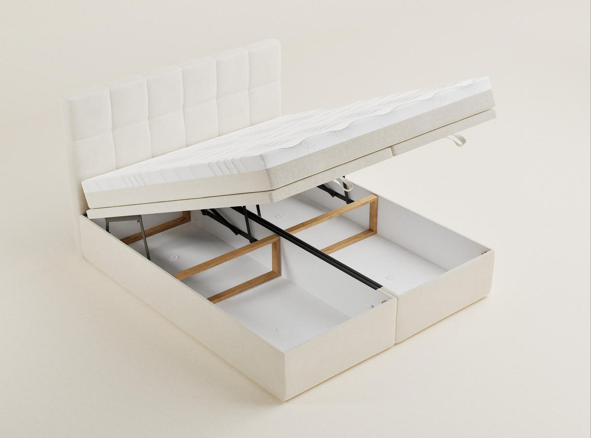 BOXBETT 140/200 cm Gotu M, in Creme, Matratze, gepolstertes Kopfteil, Bettkasten, H3 = fest - Creme/Schwarz, Holz/Holzwerkstoff (140/200cm) - Maison de Reve