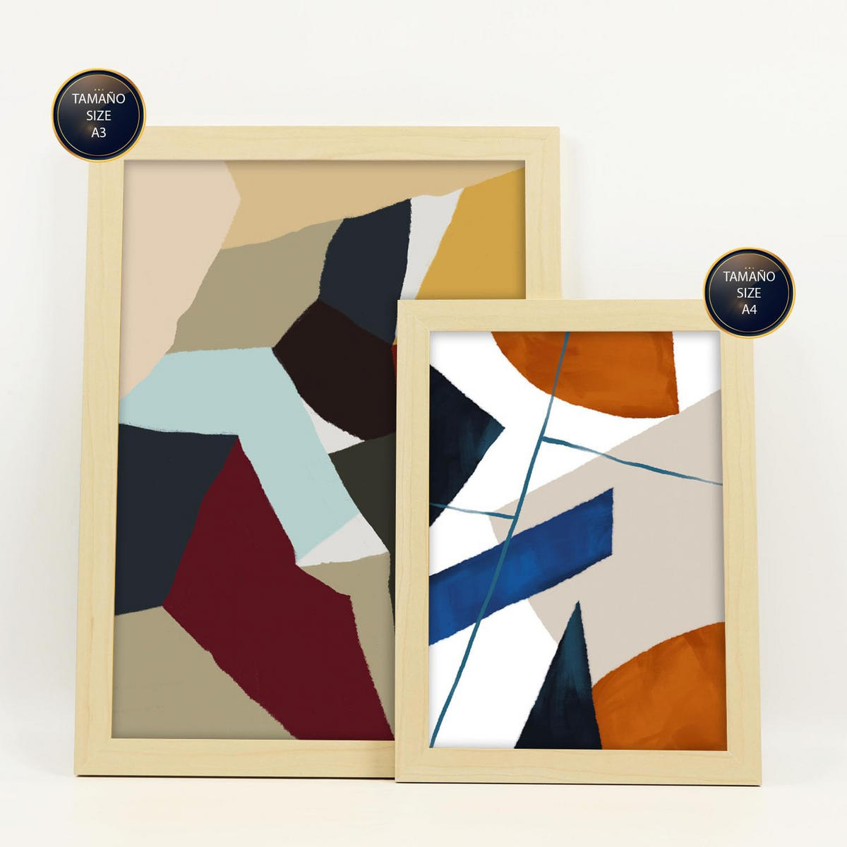 POSTER Set Mit 6 Farbige Kanten In Form Abstracts Ästhetische Dekorative Gemälde Für Ihr Wohnzimmer Zuhause A3 & A4 Rahmen Aus Hellem Holz - Beige, Papier (29/3cm) - Nacnic