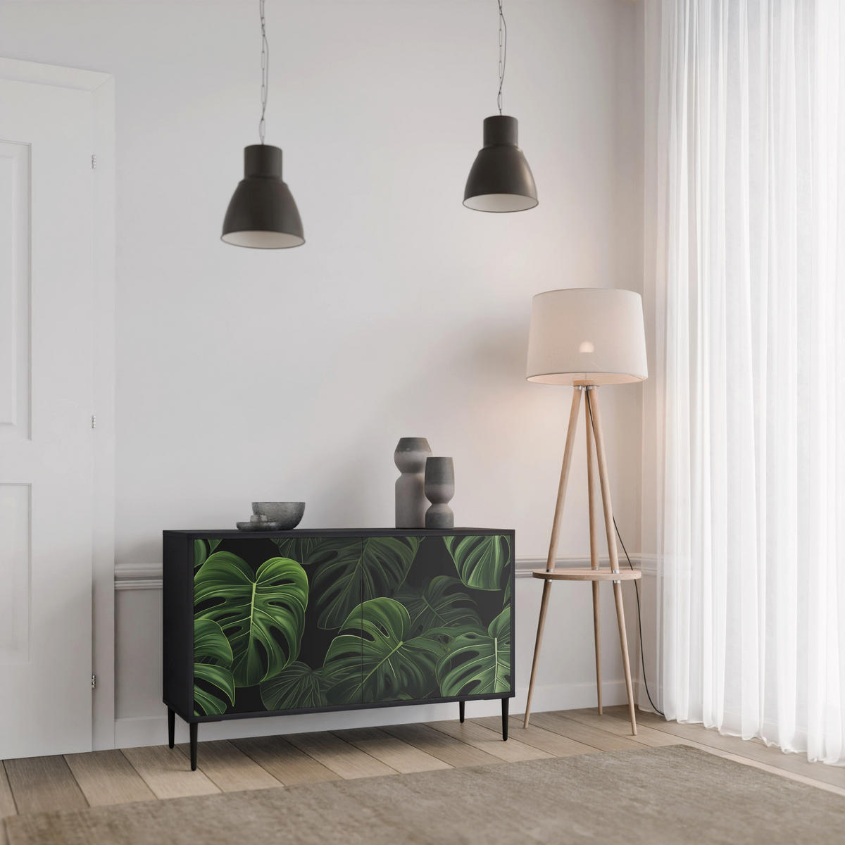 SIDEBOARD INFINITE MONSTERA, Eicheneffekt, 111x42x77,5 cm, 2 Türen - Eichefarben/Buchefarben, Holzwerkstoff/Buchenholz (111/77.5/42cm) - SpaceRebels