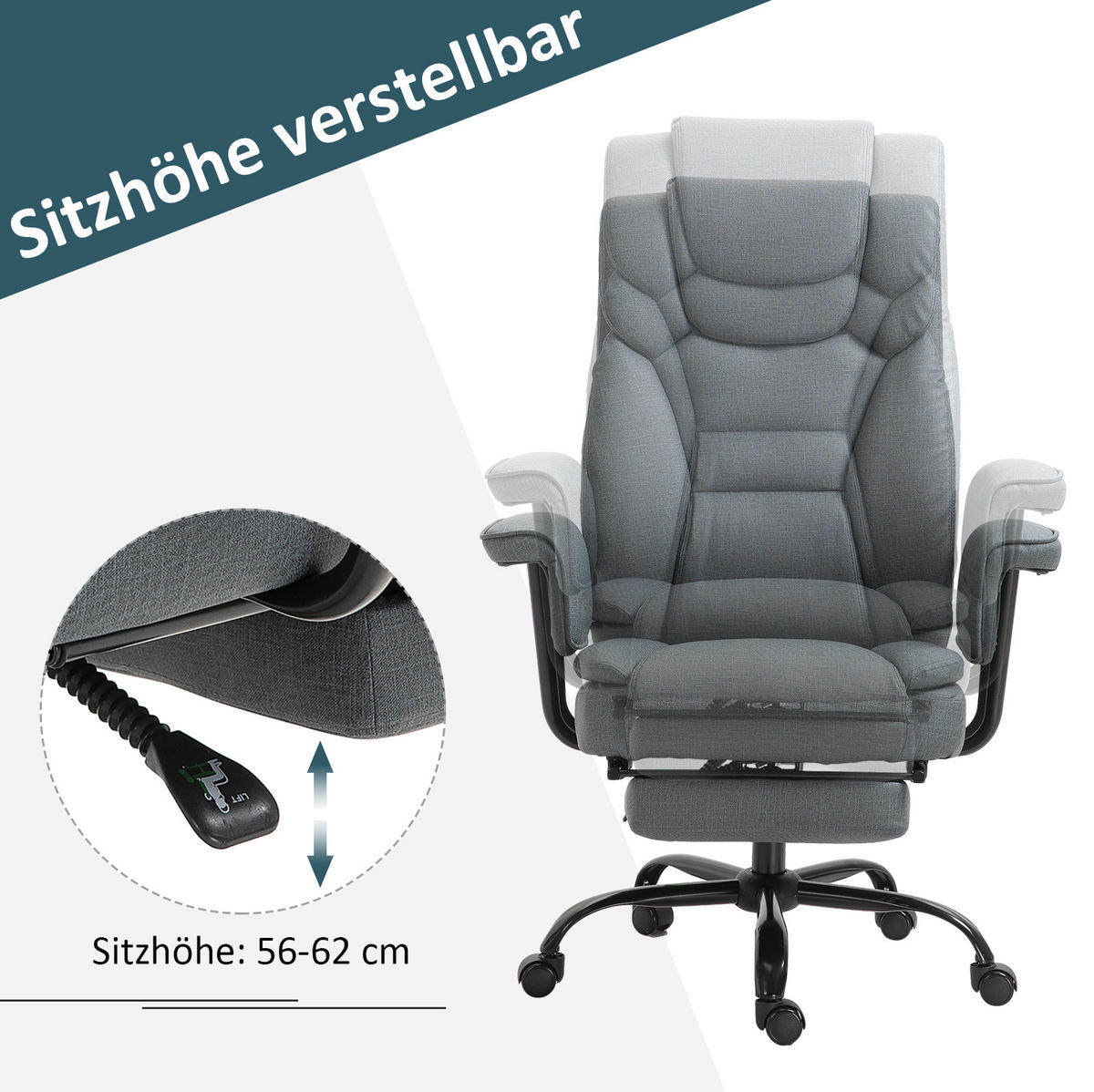 BÜROSTUHL in Grau 80x68x126 cm mit Liegefunktion bis 150° und ausklappbarer Fußstütze - Grau, Metall (68/126/80cm) - IVMEU