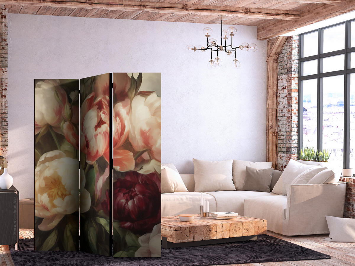 PARAVENT Akustik 3-tlg 135x172 cm Bl hende Pfingstrosen - Multicolor, Holz/Textil (135/172/3cm) - Muralo