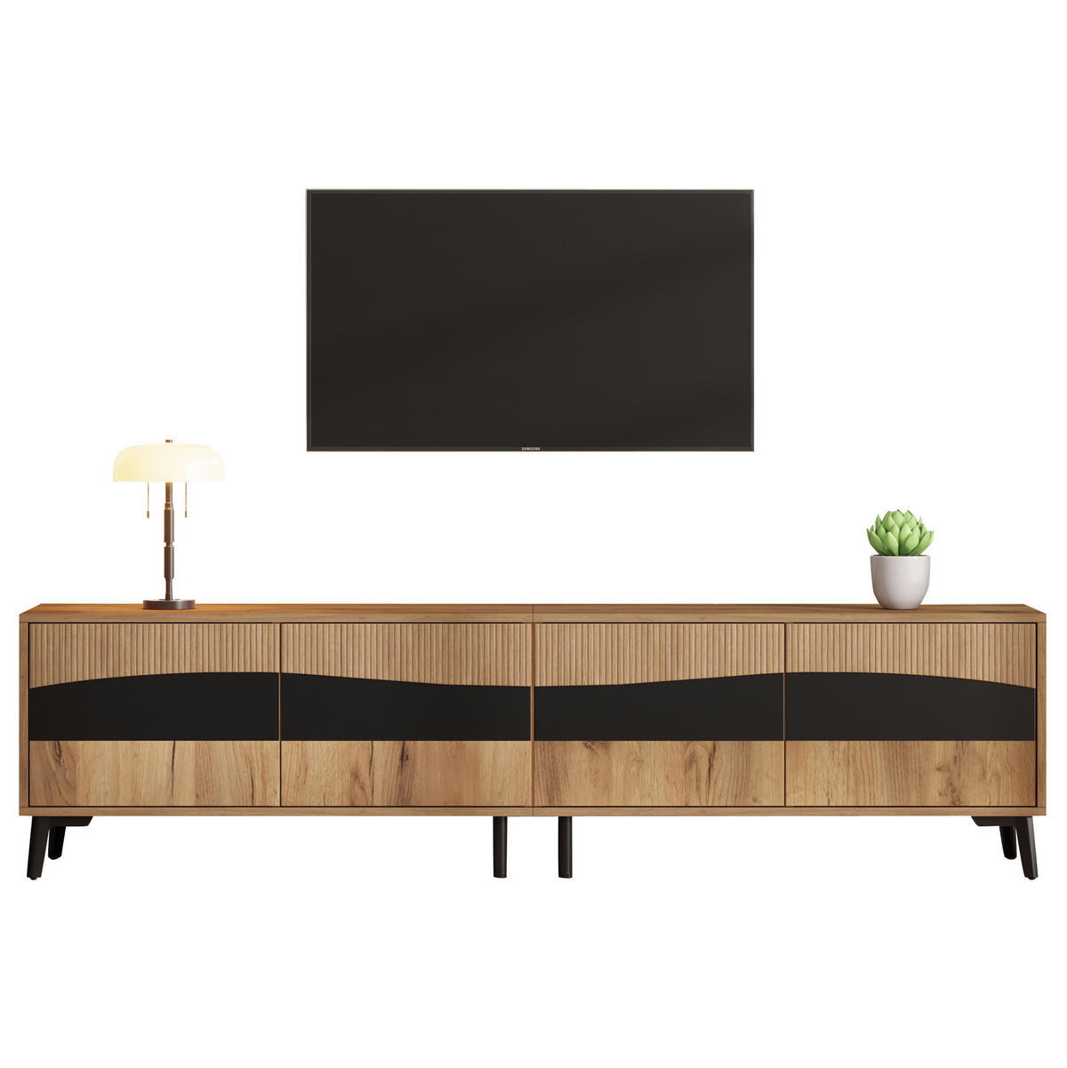 TV-LOWBOARD aus Spanplatte 180x40x50 cm Naturfarben/Schwarz mit 4 Türen, 4 Fächern und symmetrischem Design - Naturfarben, Holzwerkstoff (180/50/40cm) - Modfu