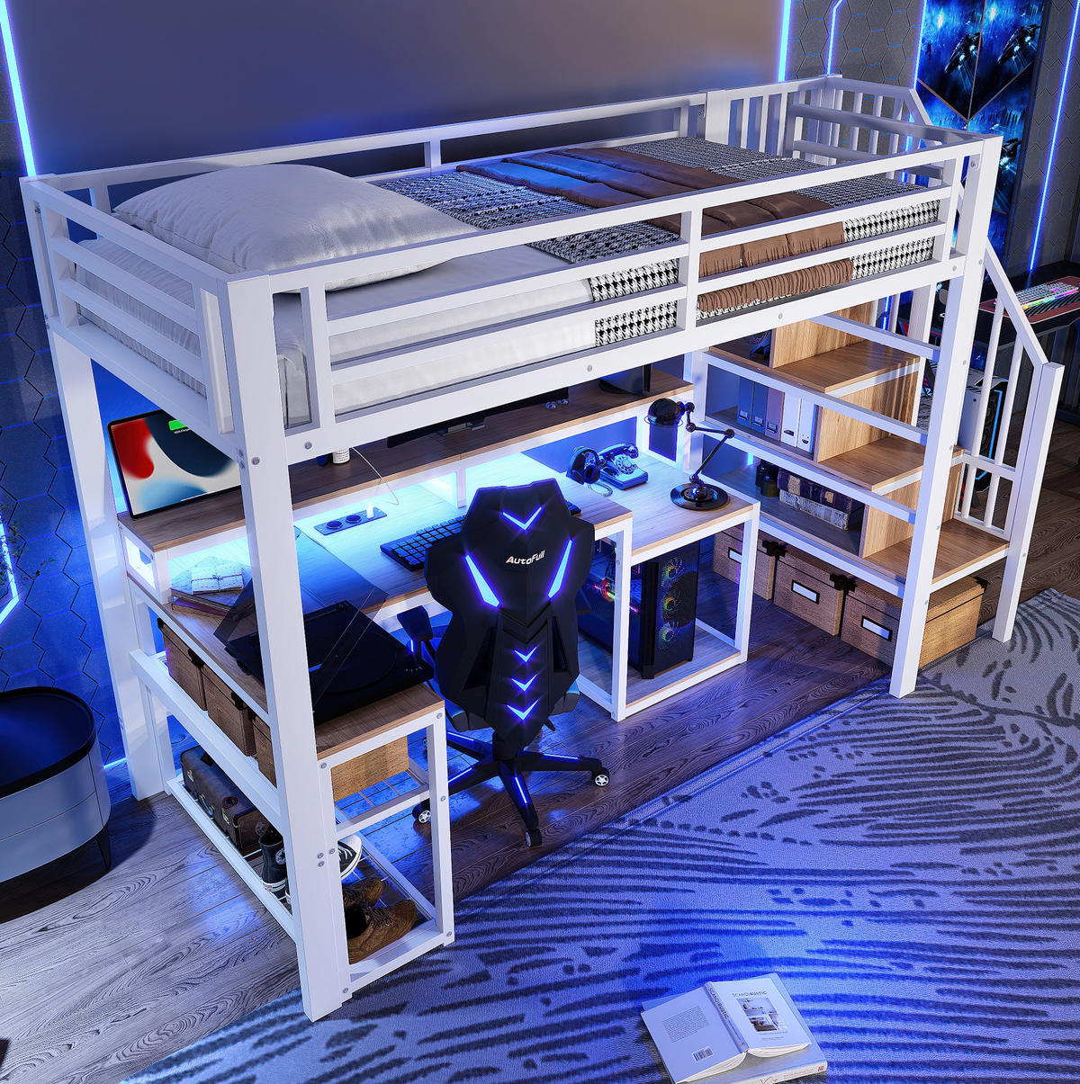 HOCHBETT 90/200 cm aus Metall und MDF mit Schreibtisch, LED-Lichtleiste und Stauraumtreppe Weiß - Weiß, Metall (90/200cm) - Modenvie