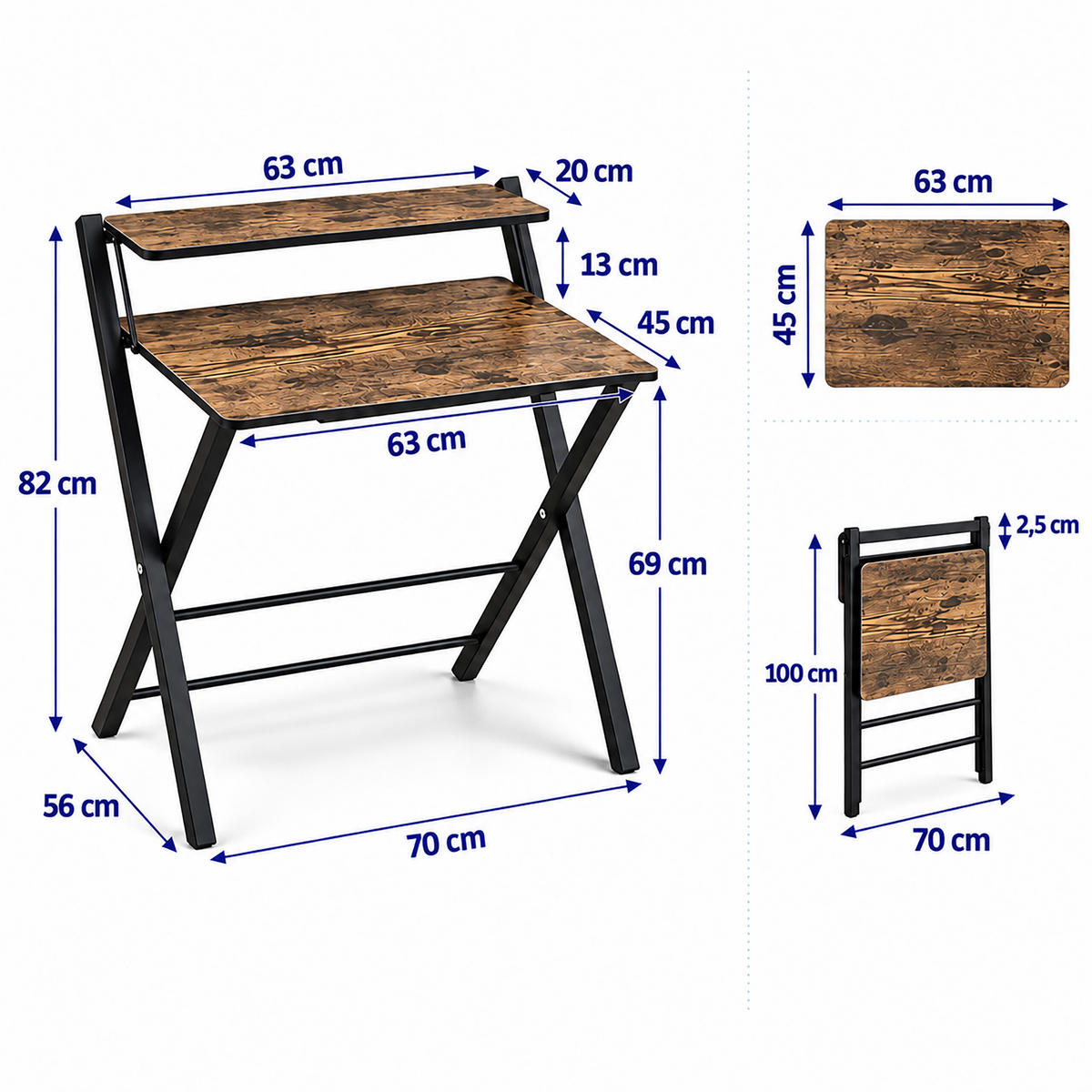 SKRIVBORD Brun Svart fällbart med monitorhylla MDF metall - Multicolor, Träbaserade material/Metall (56/70/82cm) - Relaxdays