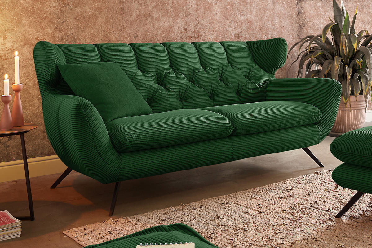 SOFA CHARME Smaragdgrün Cord - Smaragdgrün/Schwarz, Textil/Metall (200/94/95cm) - KAWOLA