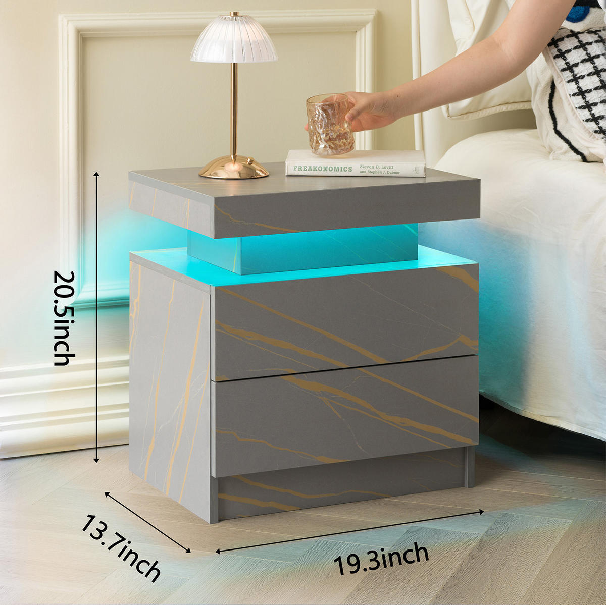 NACHTTISCH 50/53/36 cm Grau und Gold aus Holzwerkstoff mit LED-Beleuchtung und 2 Schubladen - Grau, Holzwerkstoff (53/36/50cm) - OKWISH