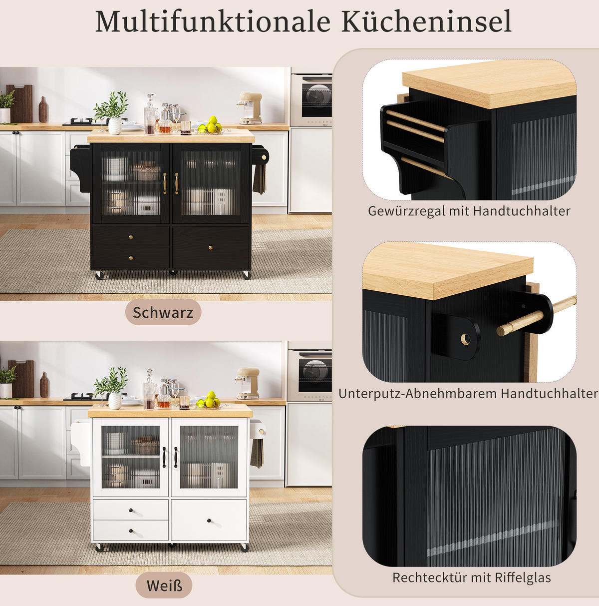 KÜCHENINSEL 100/42-70/91,5 cm mit ausklappbarer Arbeitsplatte, Rollen, Stauraum und Weinglashalter, Schwarz/Natur - Schwarz, Holzwerkstoff (100/91.5/70cm) - Redom