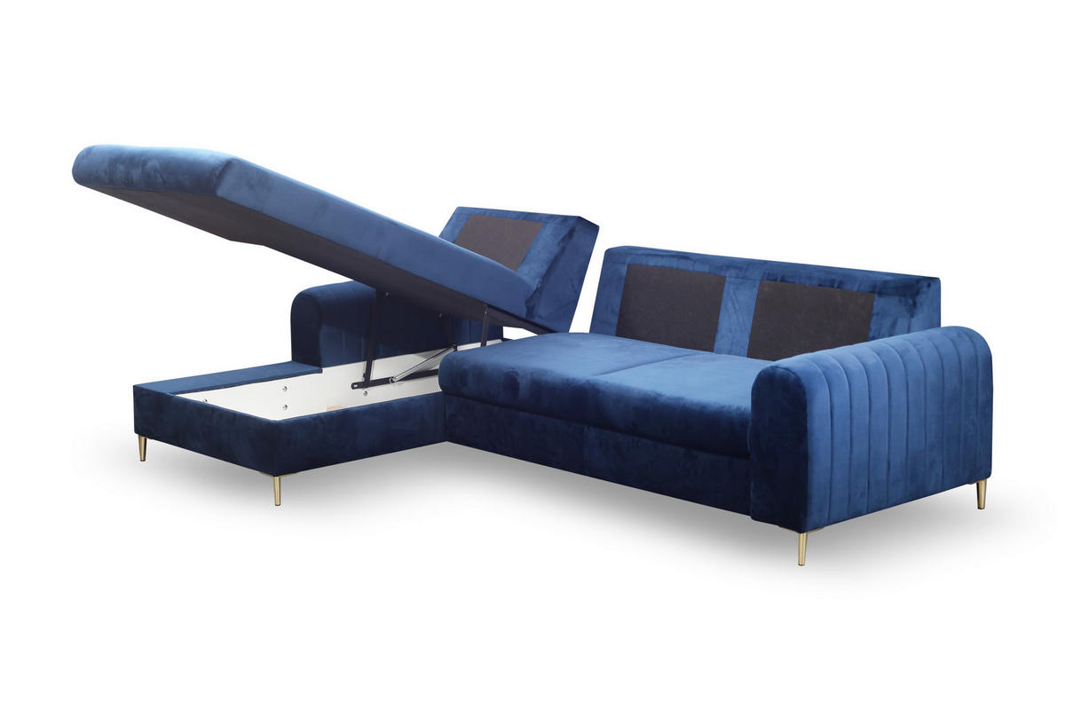 ECKSOFA VERONA L-S Blau Velours-Stoff mit Schlaffunktion - Blau, Holz (251/164cm) - MASSENO