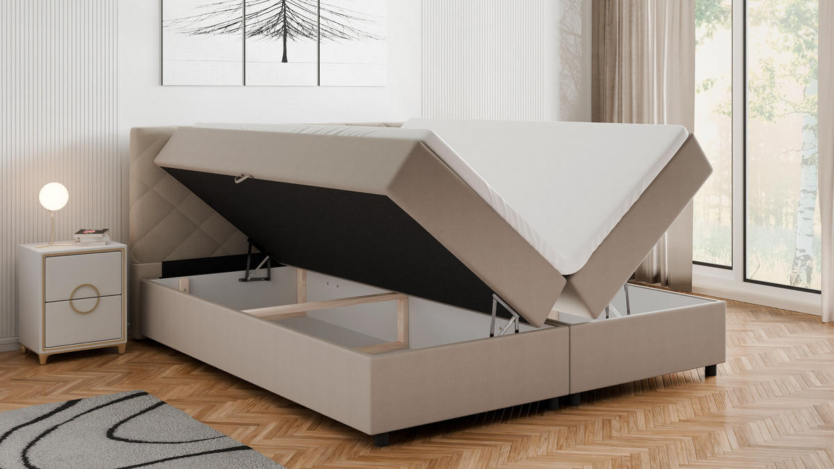 BOXBETT Diamaro 180x200 cm mit Bettkasten und Topper - Dunkelbeige - Beige, Holz (180/200cm) - Panda Möbel