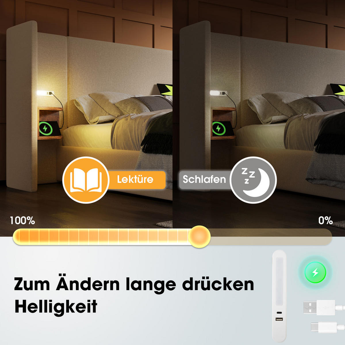 POLSTERBETT 160x200cm Doppelbett mit Nachttisch Leselampe & USB-C Beige - Beige, Holz - FLIEKS