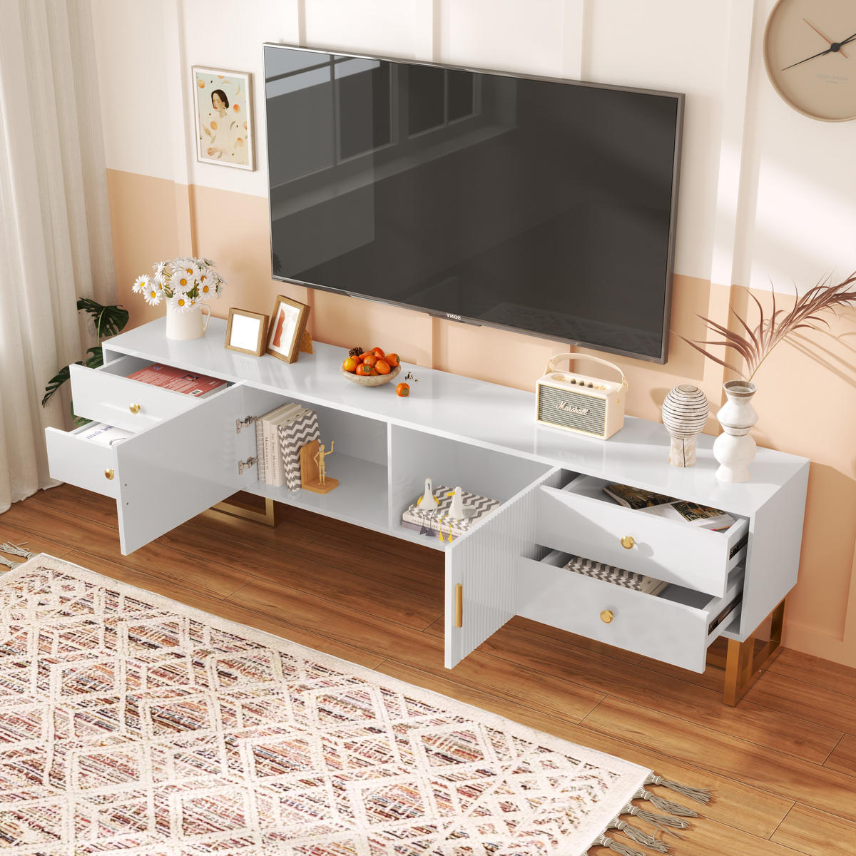 TV-SCHRANK 175/30/46 cm weiß MDF mit 4 Schubladen und goldenen Griffen - Weiß, Holzwerkstoff (175/46/30cm) - OKWISH