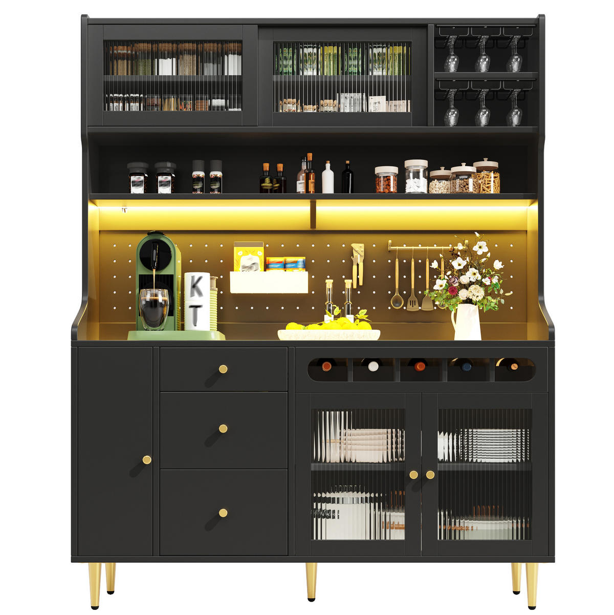HOCHSCHRANK mit LED 145x39x171 cm MDF Glas Black - Schwarz, Glas (39/171/145cm) - Meubliv