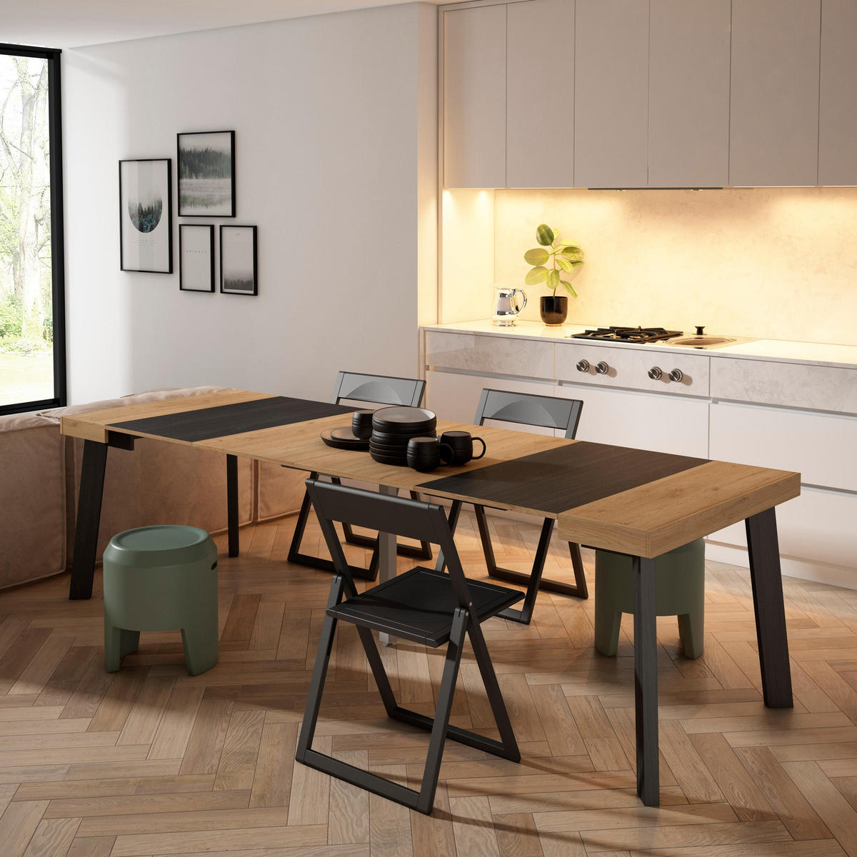 KONSOLENTISCH ausziehbar 58 bis 262cm, für 12 Gäste, eiche, schwarz, 90/58/73cm - Eichefarben/Schwarz, Holzwerkstoff (90/262/73cm) - Skraut Home