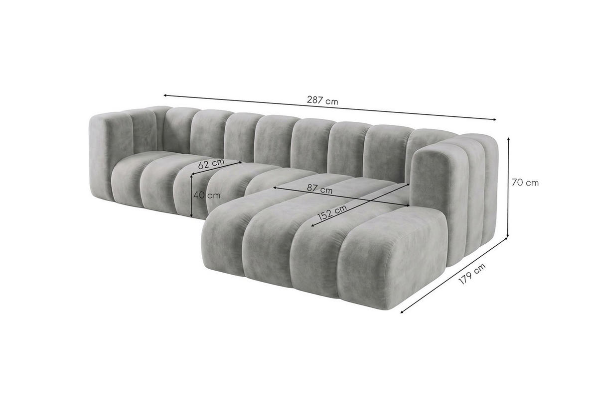 ECKSOFA Modulares In L-Form, Velvet-Stoff Riviera, Grau, Rechts, GRAND 287 cm - Grau, Holz (287/179cm) - Kaiser Möbel
