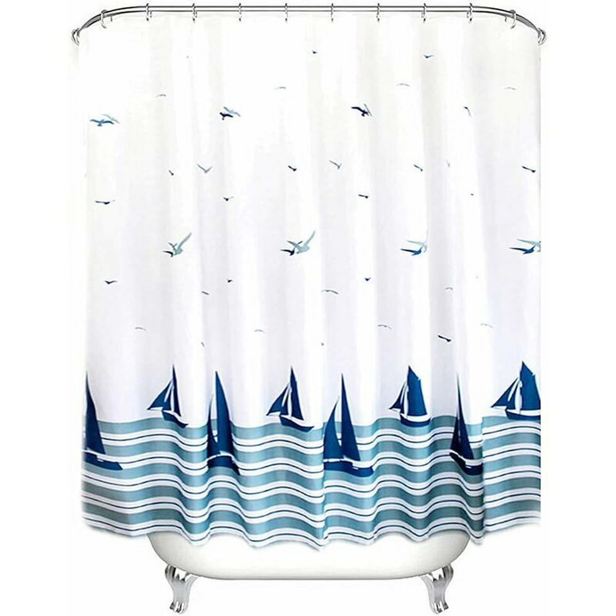 DUSCHVORHANG Blau nautisch Segelboot 180 x 180 cm beschwerter Saum schimmelresistent waschbar - Multicolor, Textil (180/180cm) - MCBOSON