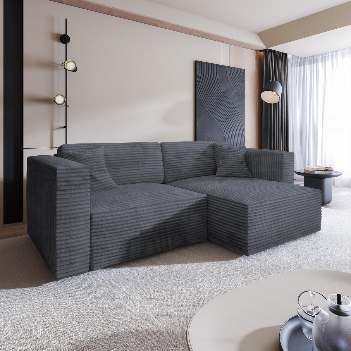 ECKSOFA NERIO Graphitfarben Kordstoff mit Schlaffunktion - Graphitfarben, Holz (245/148cm) - MASSENO