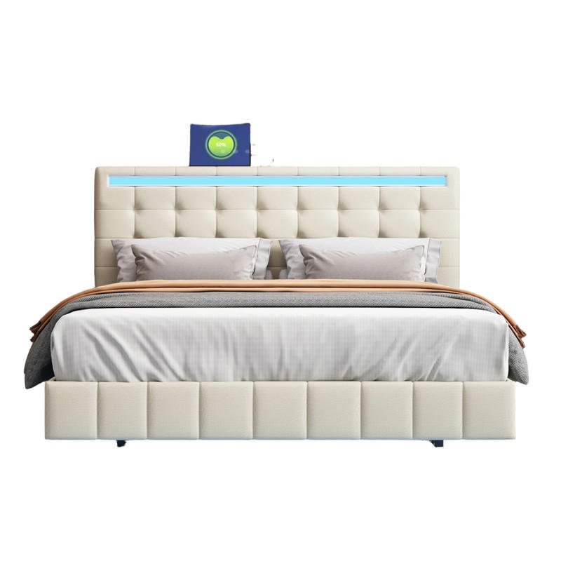 POLSTERBETT 140/200 cm beige mit LED und USB - Beige, Holz
