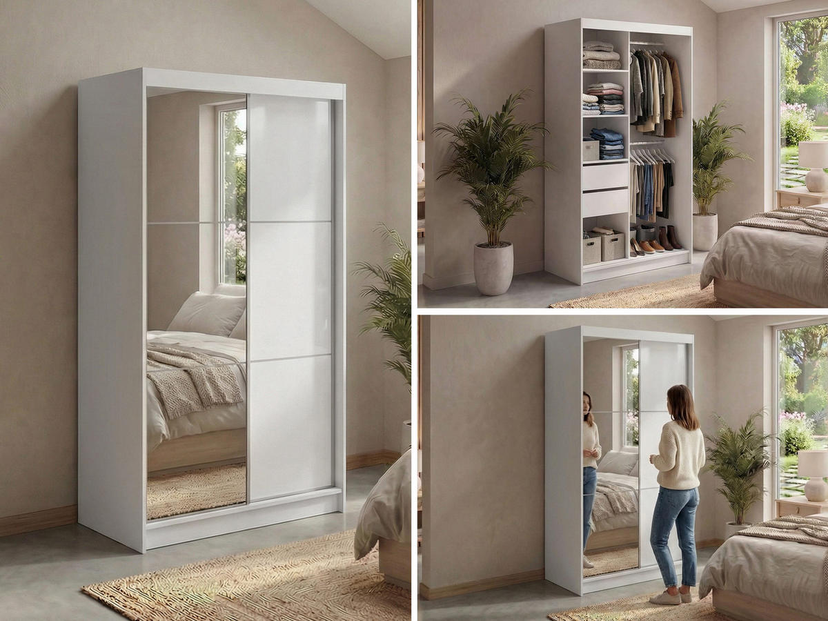 SCHWEBETÜRENSCHRANK mit Spiegel und Schubladen - WALENCJA - 120 - Weiß lacobel - Alufarben/Weiß, Holzwerkstoff/Metall (120/216/61cm) - MKS