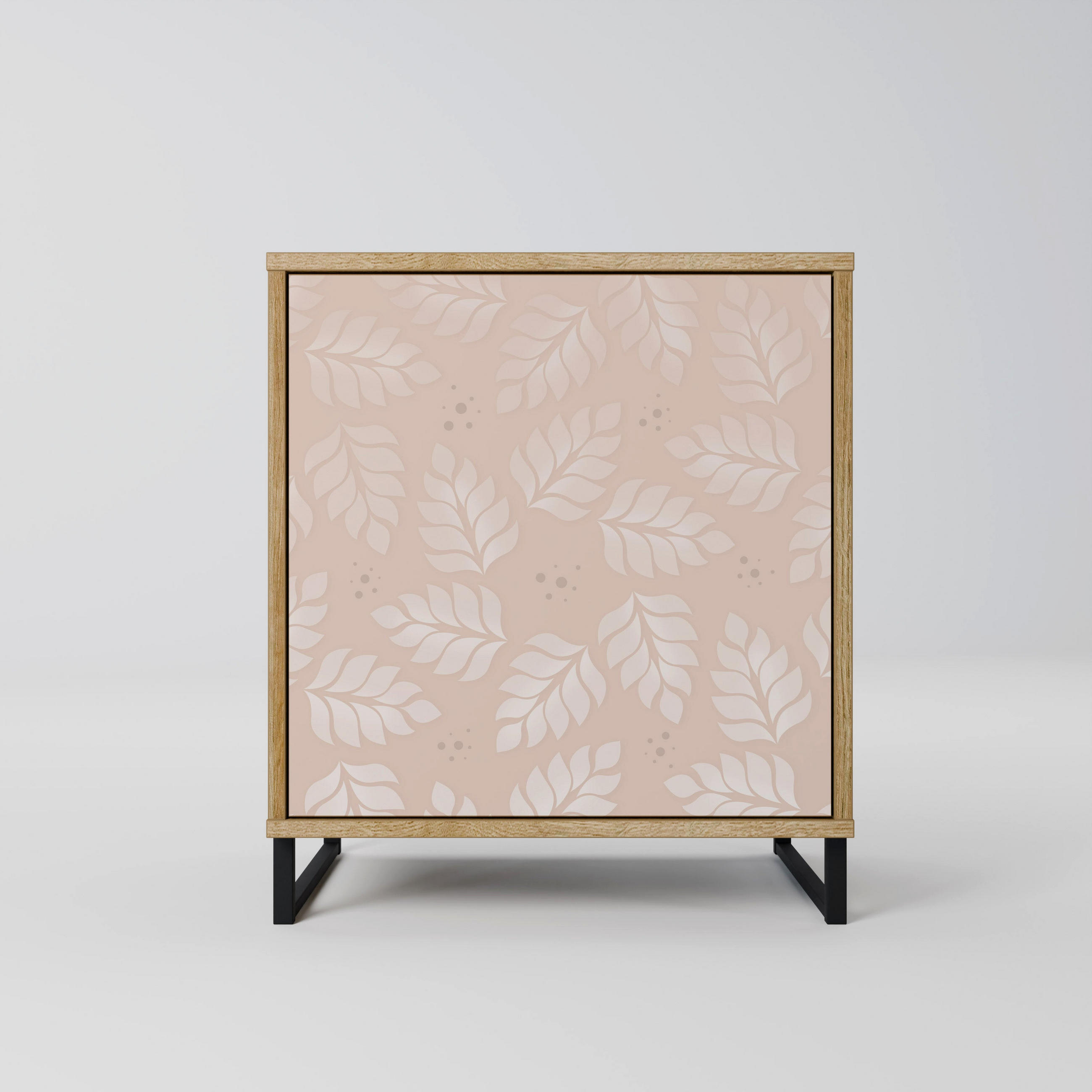 SIDEBOARD LEAVES ON BEIGE, Eichefarben, 57,5x42x67,5 cm, Schwarze Metall-Rahmenfüße - Eichefarben/Multicolor, Holzwerkstoff/Metall (57.5/67.5/42cm) - SpaceRebels