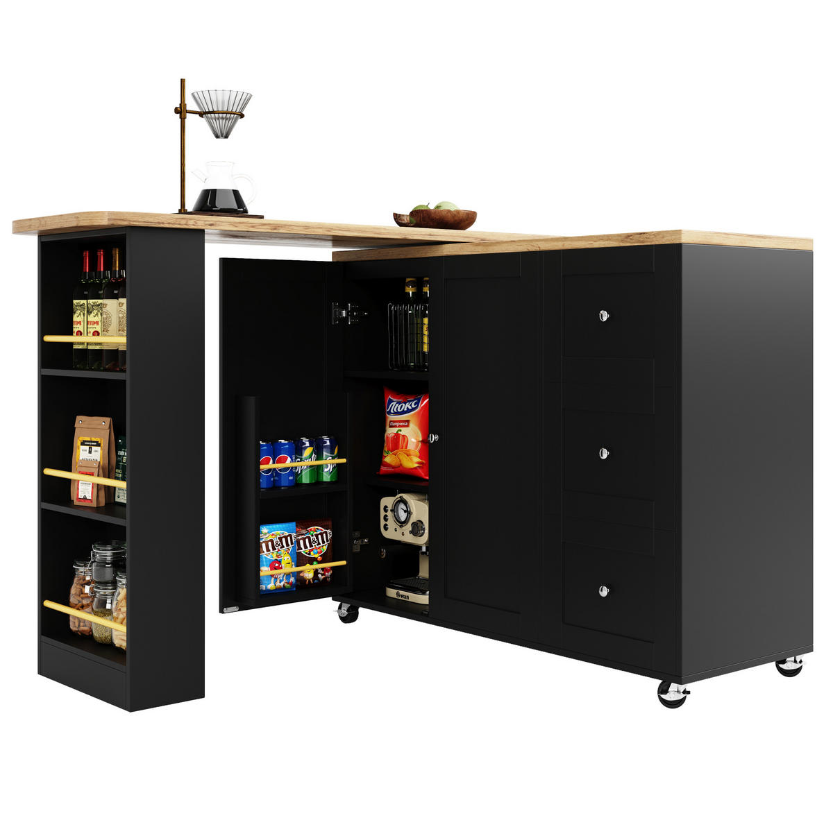 BARTISCHSCHRANK 360° drehbar auf Rollen 203 x 39 x 106 cm Schwarz - Schwarz, Holz (39/106/203cm) - Beauniv