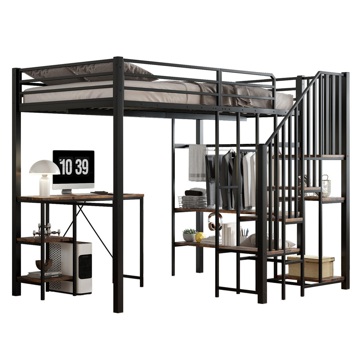 ETAGENBETT 120/200 cm Schwarz mit Eckleiterschrank und Tisch aus Eisen und MDF - Schwarz, Holzwerkstoff (120/200cm) - OKWISH