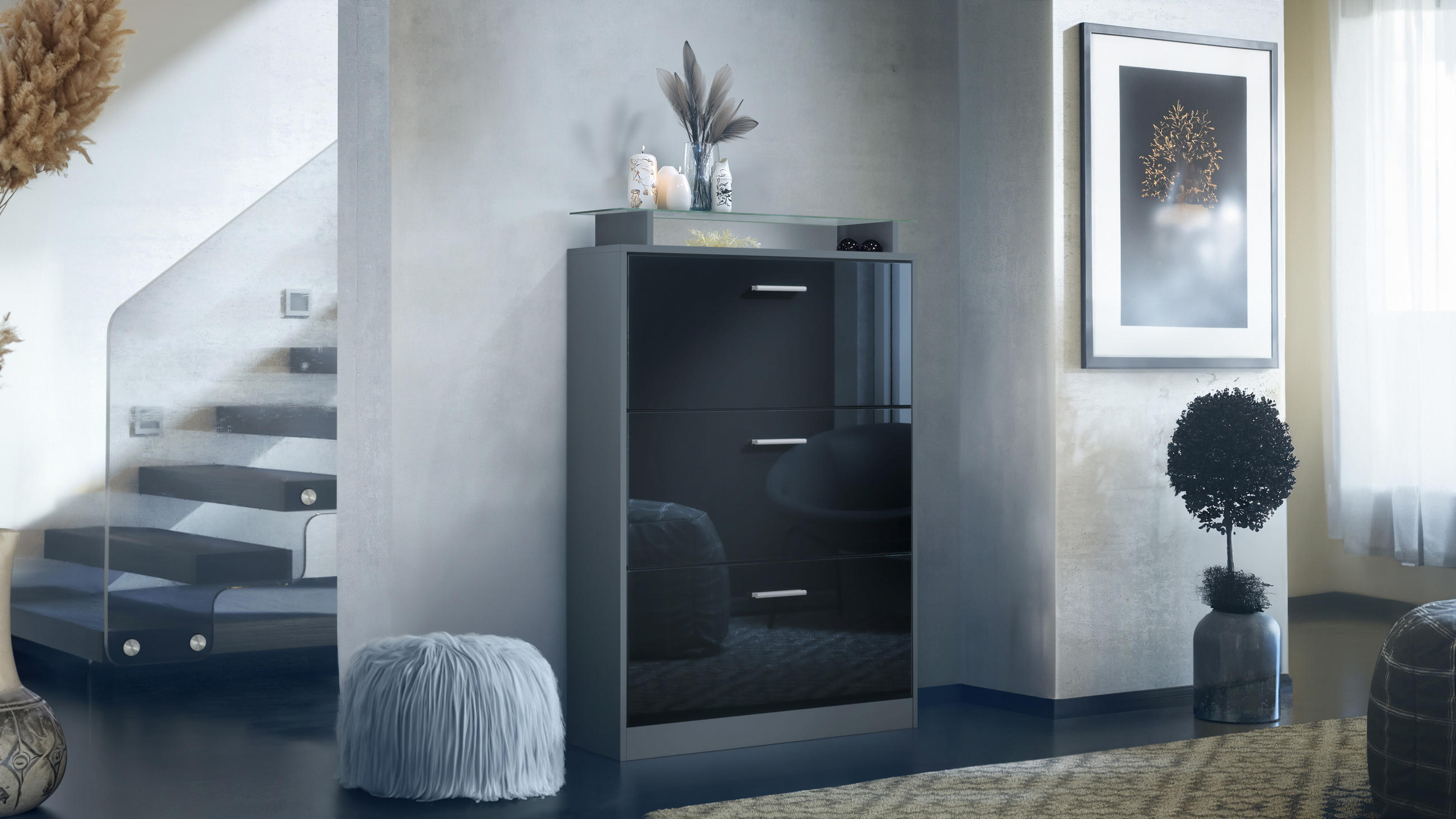 SCHUHSCHRANK Lavia Front in Schwarz Hochglanz - Schwarz Hochglanz, Holzwerkstoff (89/128/23cm) - Vladon